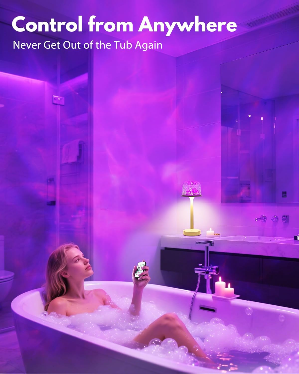 Shower Lamp - Waterproof Bathroom Lamp with 16 Color Ocean Wave Projector, Rechargeable Shower Light with Touch & Remote Control, Cordless Light for Inside Shower/Bathtub