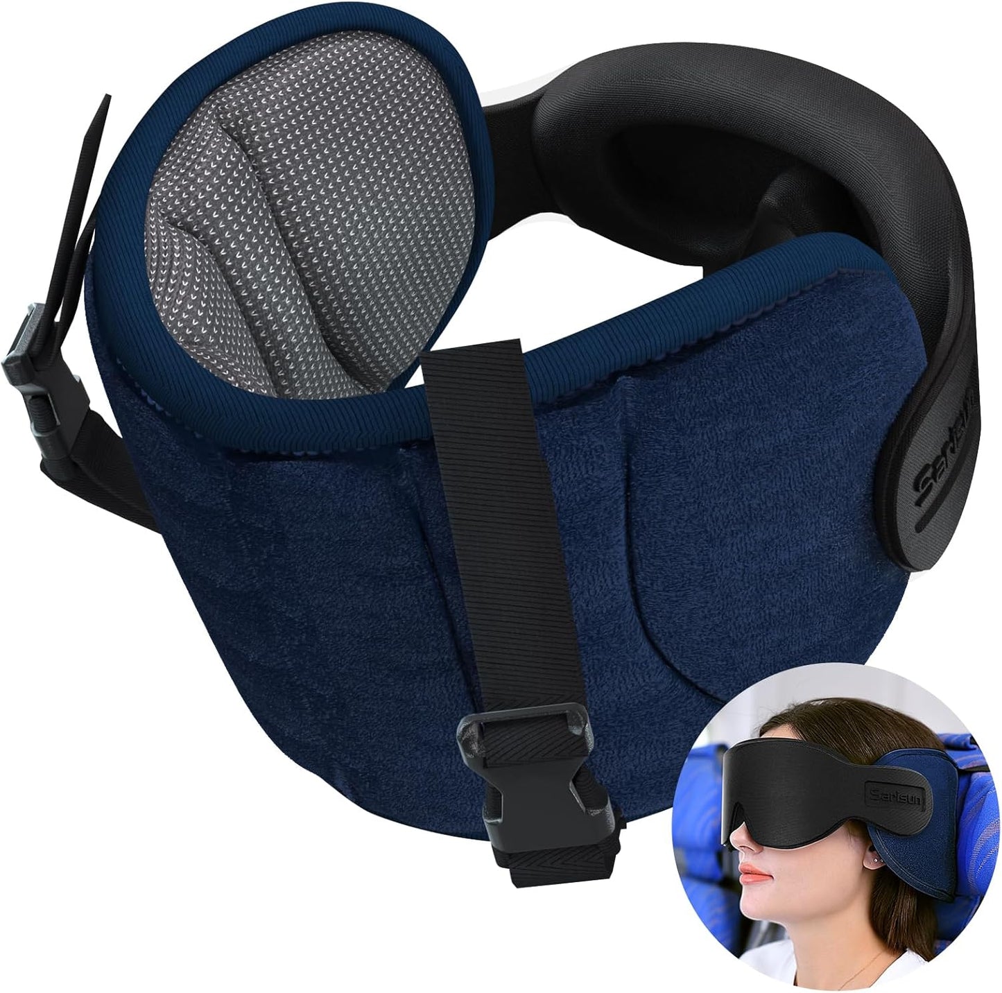 SARISUN Travel Pillows for Airplanes, Airplane Pillow for Long Flight, Airplane Head Strap with Sleep Eye Mask, 360° Headrest for Car Trip, Stop Bobblehead, Mottled Grey