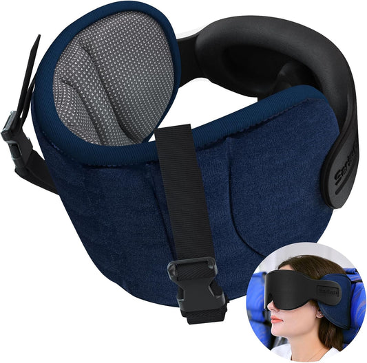 SARISUN Travel Pillows for Airplanes, Airplane Pillow for Long Flight, Airplane Head Strap with Sleep Eye Mask, 360° Headrest for Car Trip, Stop Bobblehead, Mottled Grey