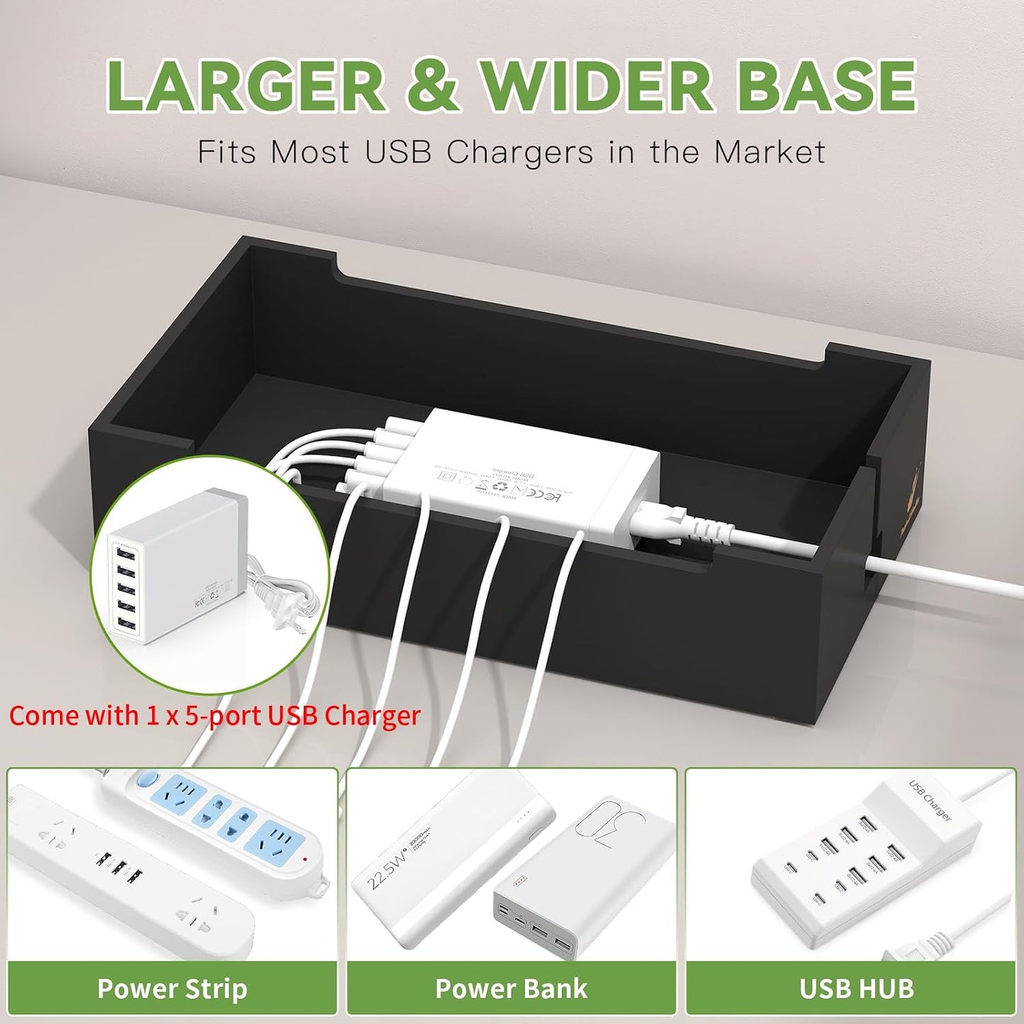 Pezin & Hulin Docking Station for Multi Devices -Natural + Black | Cable Management Box, with 5 Port Charge Adapter, 6 Cable, Wire Organizer for Cord, Box to Hide Cord and Storage Power Strip
