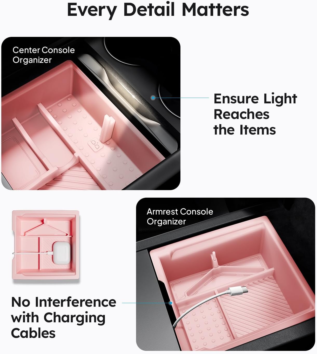 Wigoo Center Console Organizer for Tesla Model Y Juniper (Only Premium & Performance 2025 2026) and All Model 3 Highland Accessories [Double-Layer Storage, Smooth Sliding] 4PCS Pink