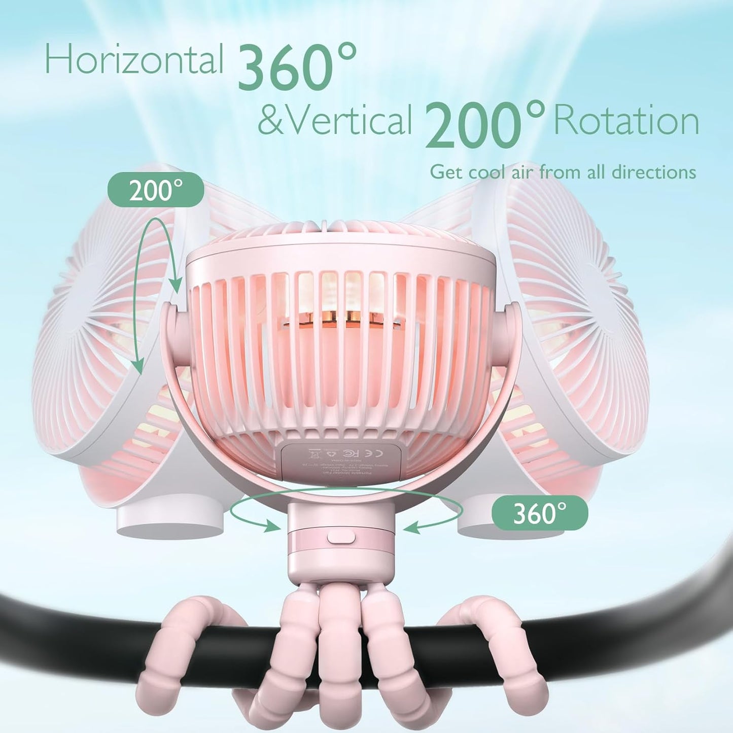 Momcozy 8000mAh Portable Stroller Fan, 27H Ultra-long Battery Life Detachable 4 Speed 360°Rotate LED Night Light with 2 Modes, USB Rechargeable Handheld Cooling Fan for Travel/Car Seat/Bedroom
