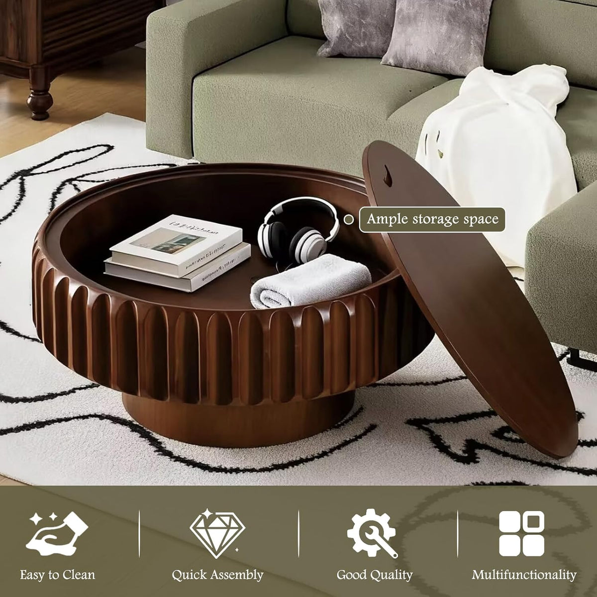 Round Coffee Table with Hidden Storage (Walnut 31.5 Inch)