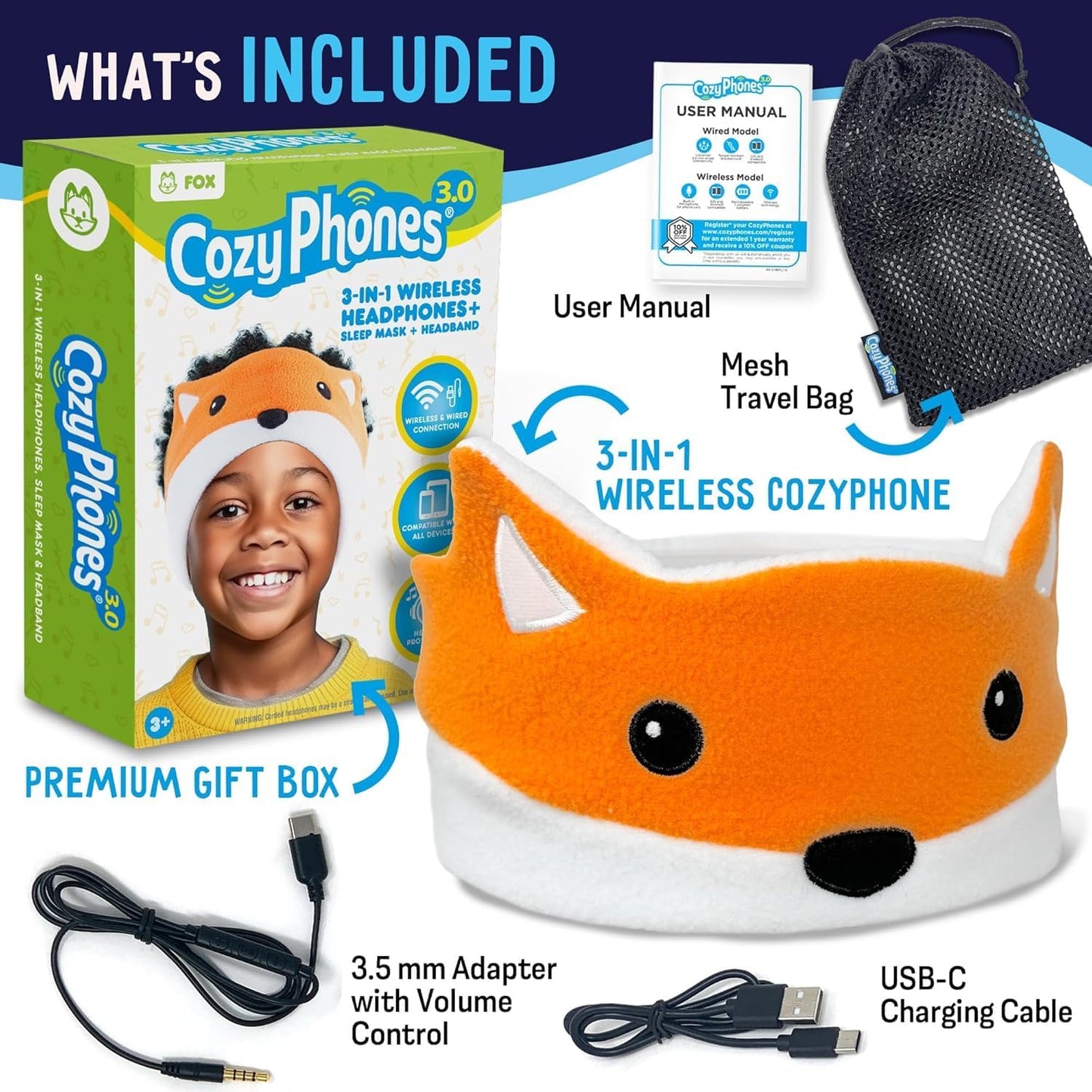 CozyPhones Toddler Headphones Wireless, Kids Bluetooth Earphones, Safe Volume - Wired School Headphones for Kids with 3.5 MM Jack and Travel Bag - Toddler Airplane Accessories for Boys & Girls - Fox