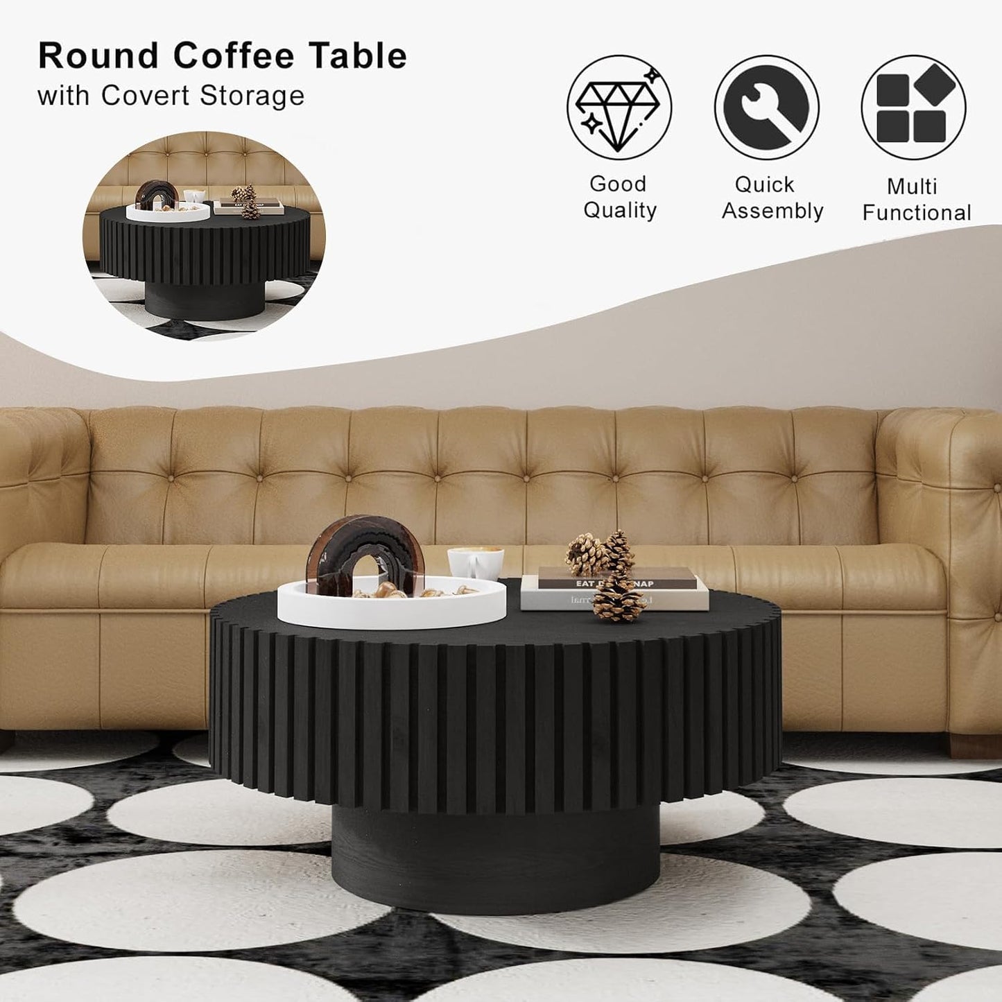31.5" Round Black Coffee Table for Living Room (Black 31.5") | Mid Century Modern, Drum Fluted Coffee Table with Sturdy Pedestal, Circle Center Table, Accent Tea Table for Apartment