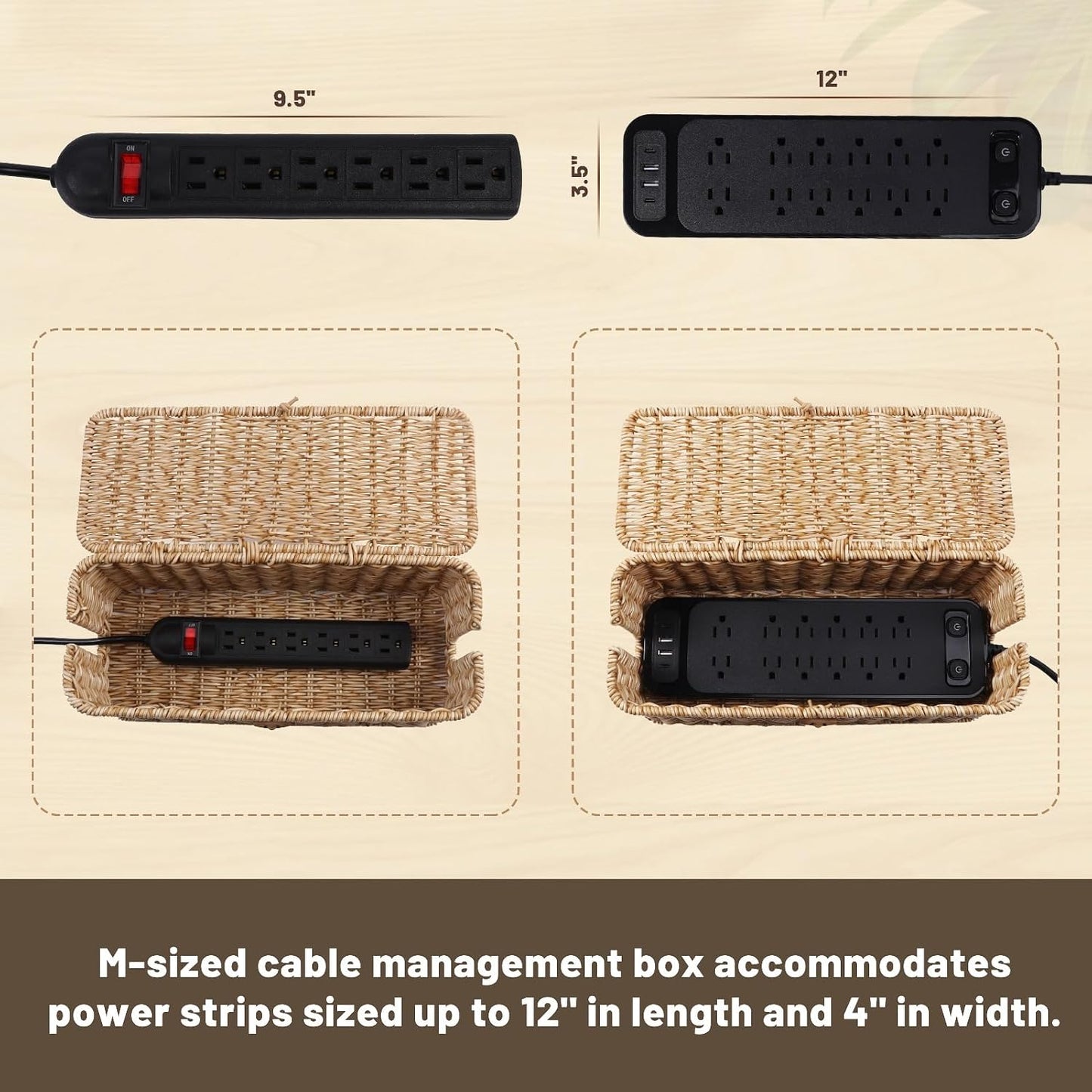 Cable Management Box, Cord Organizer with Lid & Cable Ties - Natural, M | Handmade Open Slots Cord Hider Outlet Covers for Power Strip TV PC Router Charger Under Desk Storage