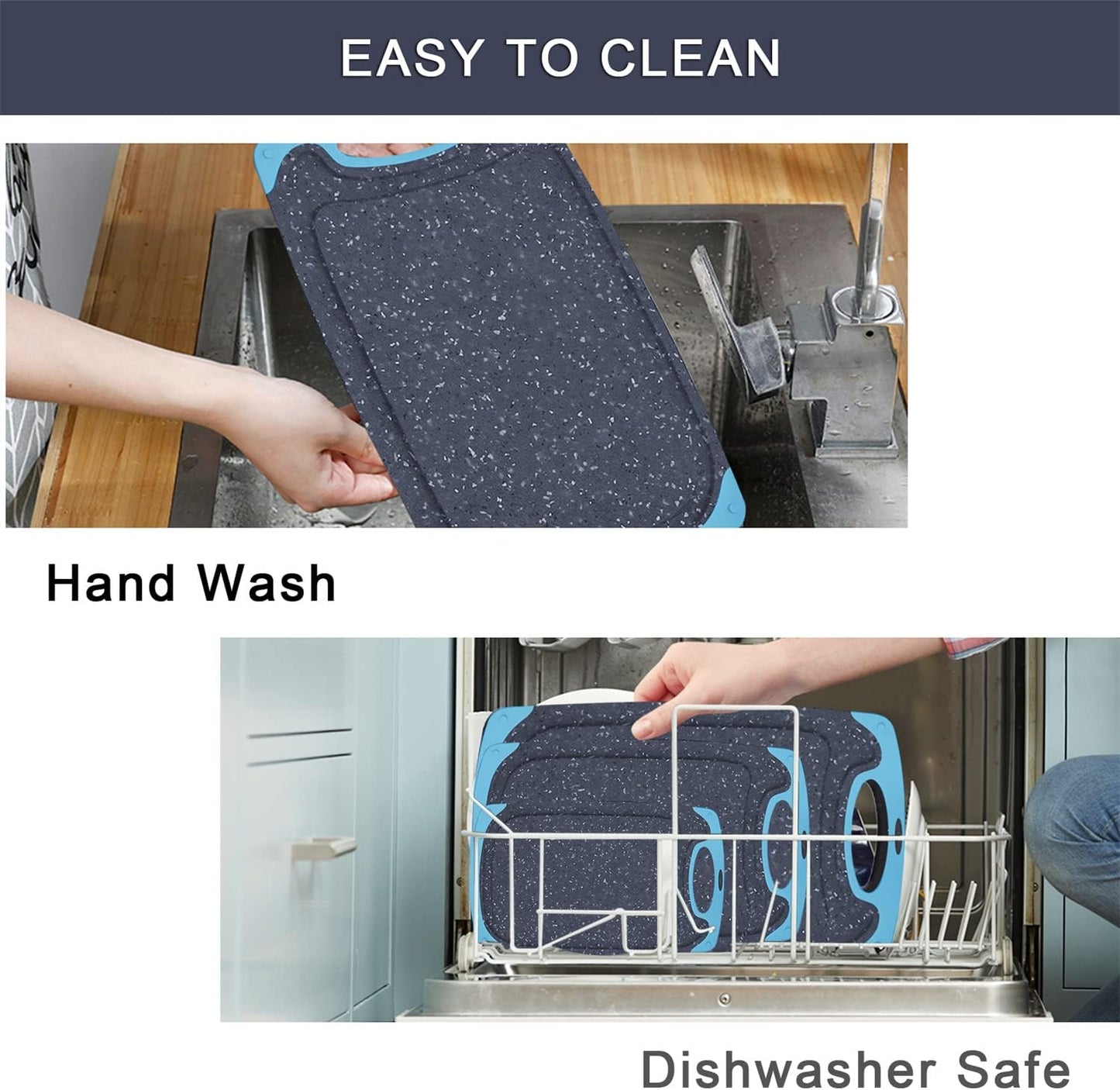 Plastic Cutting Board, 3 Pieces Dishwasher Safe Cutting Boards with Juice Grooves, Easy Grip Handle, Non-Slip, with Grinding Area for Grinding Garlic and Ginger（aqua）