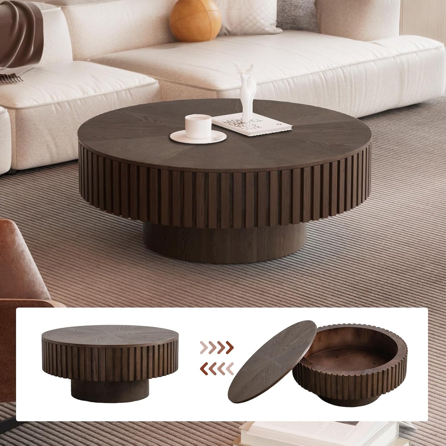 JHKZUDG 31.5'' Round Drum Coffee Table with Hidden Storage (Brown) | Fluted Coffee Table with Solid Wood Veneered Modern Wooden Circle Center Table Tea Table for Living Room Home Office