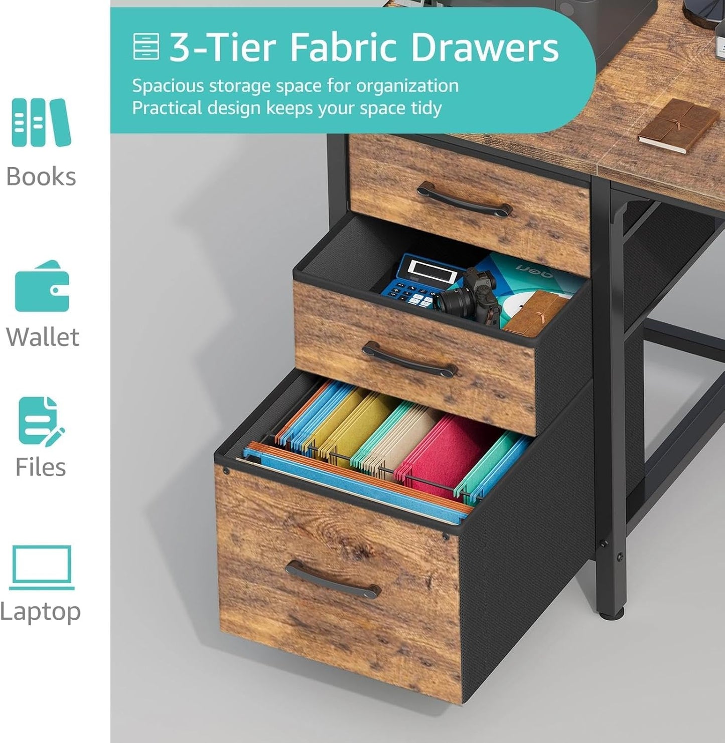 Lufeiya Computer Desk with Fabric File Drawers Cabinet, 55 Inch Reversible Home Office Desks with Filing Cabinet for Small Space, Study Writing Table PC Desks with Storage for Bedroom, Rustic Brown