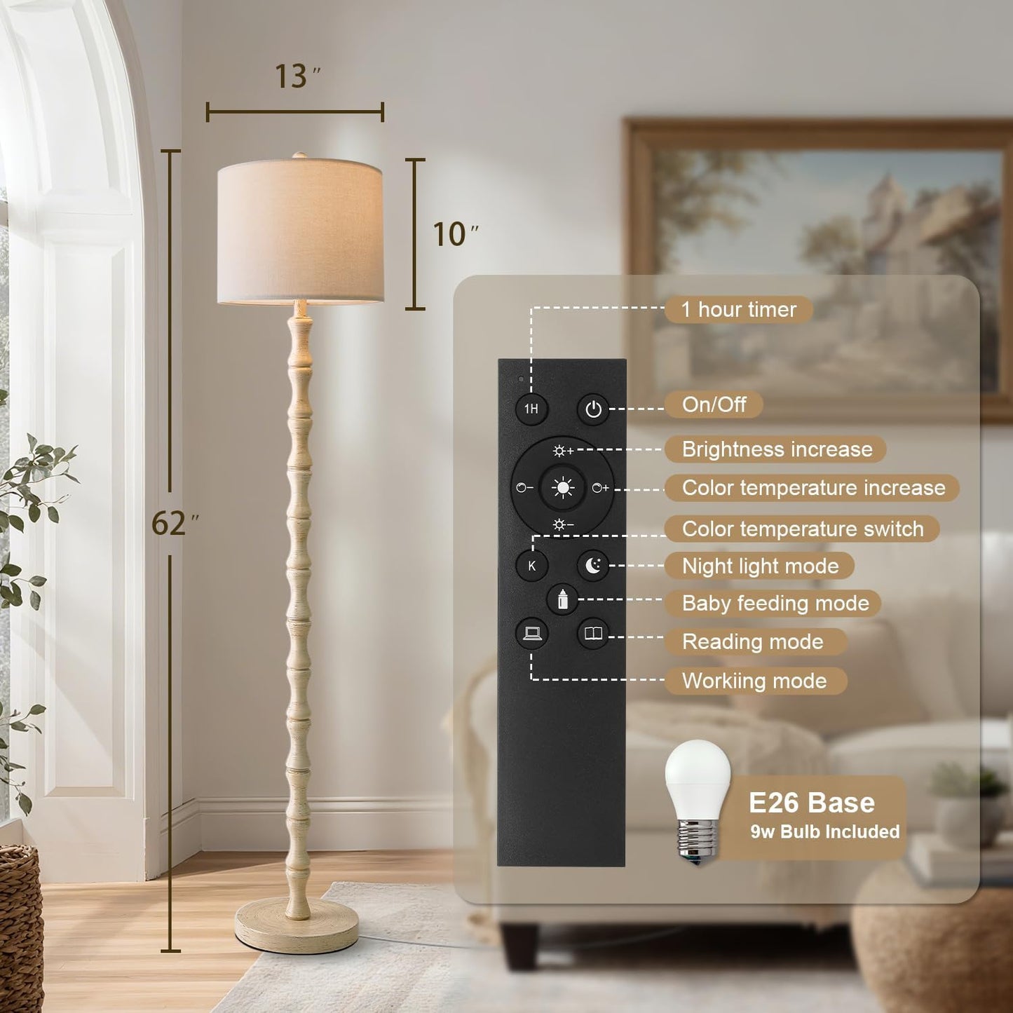 BOBOMOMO 62" Rustic Farmhouse Floor Lamp Antique White with Remote & Dimmable 9W Bulb, 3 Color Temperatures Resin Standing Lamp, Retro Tall Lamp for Living Room, Bedroom, Nursery, Office, Reading Nook