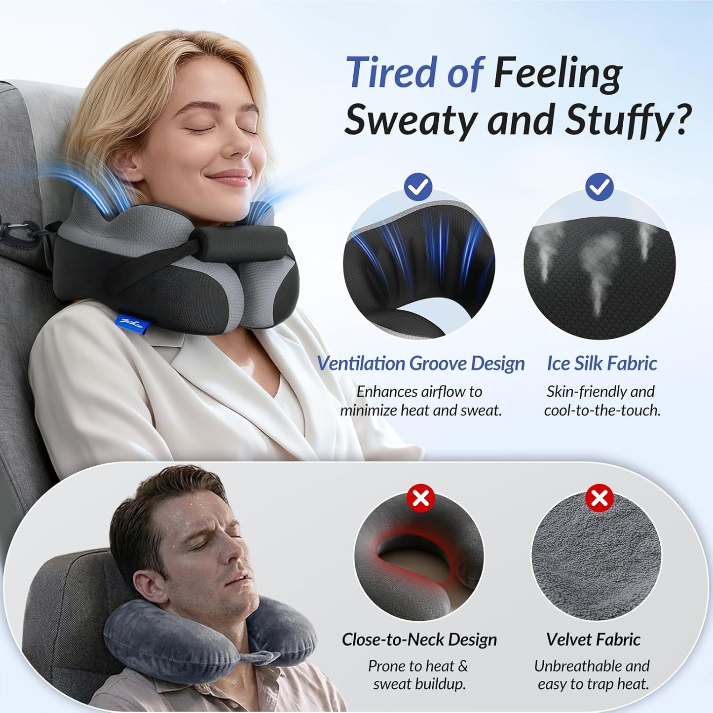 ZIKEE Ergonomic Travel Neck Pillow for Airplane, Dual-Hold Design to Stabilize Head and Neck on Flights, Ear-Free Memory Foam Airplane Travel Pillow, Quality Carrying Case, Breathable & Washable Cover
