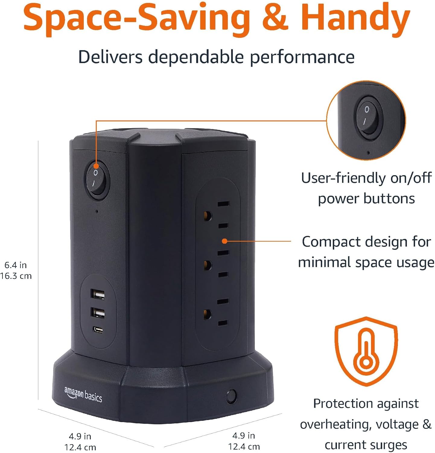 Amazon Basics Power Strip Tower Charging Station, Surge Protector 1080J, 9 Outlet with Integrated USB Charging Ports (2 USB-A and 1 USB-C), Space Saving, 15A, 6ft Cord, Black