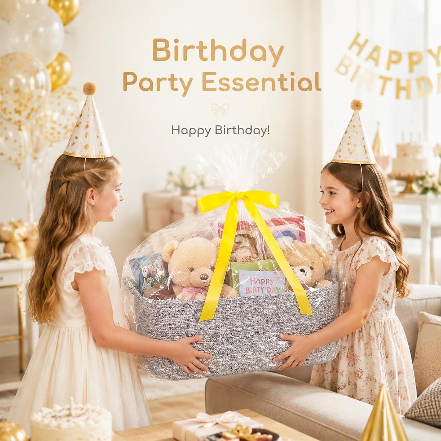 OIASKET Large Empty Cotton Rope Gift Basket with Handles, 16.5"x12.6"x7" Decorative Woven Storage Basket with Gift Bag and Ribbon Set for Baby Shower, Toy Organizer for Kids, Dogs & Cats - Grey