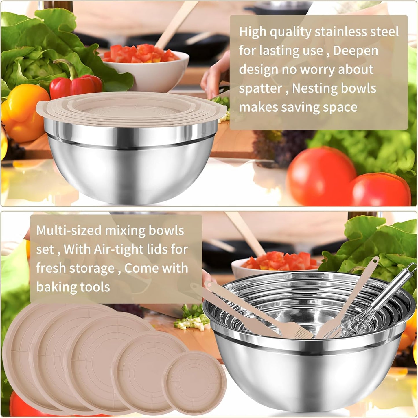 WEPSEN Mixing Bowls Set, 25PCS Khaki Mixing Bowls With Lids Set Stainless Steel Kitchen Large Nesting Metal Bowl 7QT to 1.5QT, Measuring Cups and Spoons for Prepping Cooking Serving