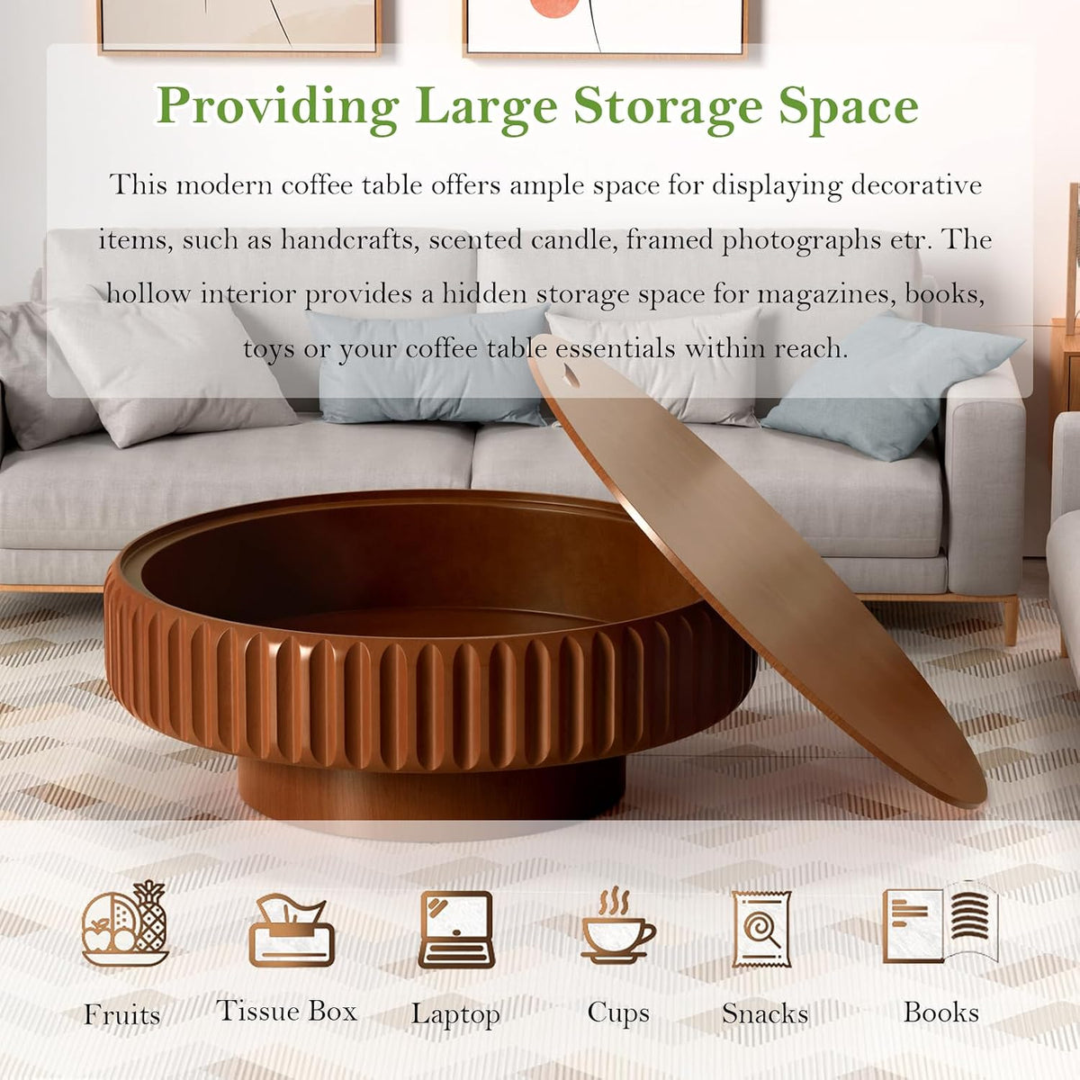 39.37" Round Drum Coffee Table with Storage (A 39.37in)