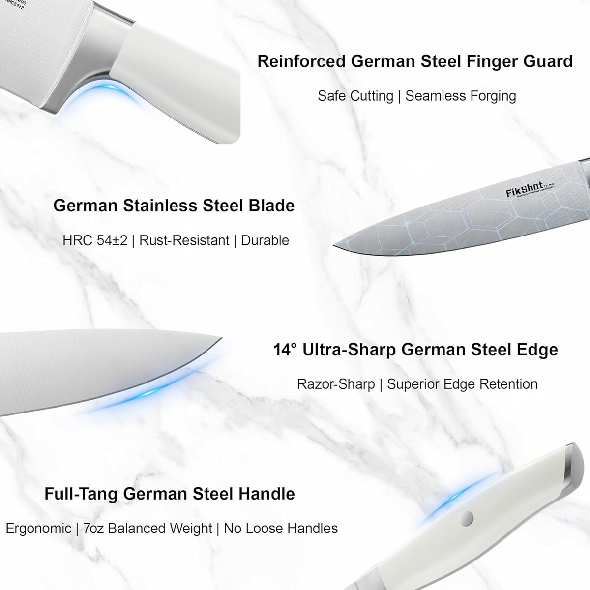 Fikshot 14-Piece Knife Set – German High Carbon Stainless Steel, Professional Chef Knives with Block & Sharpener, Elegant White, Dishwasher-Safe, Modern Kitchens, Ideal Gift for Chef & Father's Day