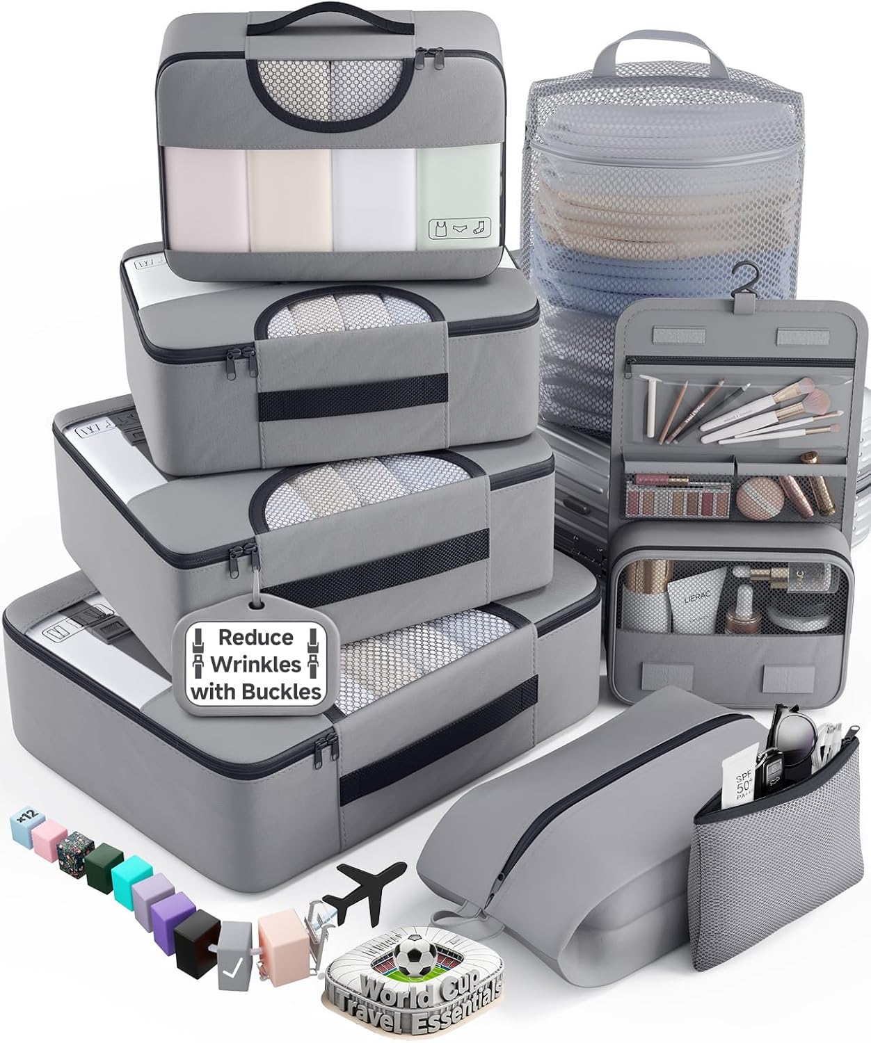 Veken 8 Set Packing Cubes for Travel Essentials, Suitcase Organizer Bags in 4 Sizes, Carry-On Luggage Accessories with Large Laundry & Hanging Toiletry Bag, Must-Have for Airplane, Road Trip & Camping