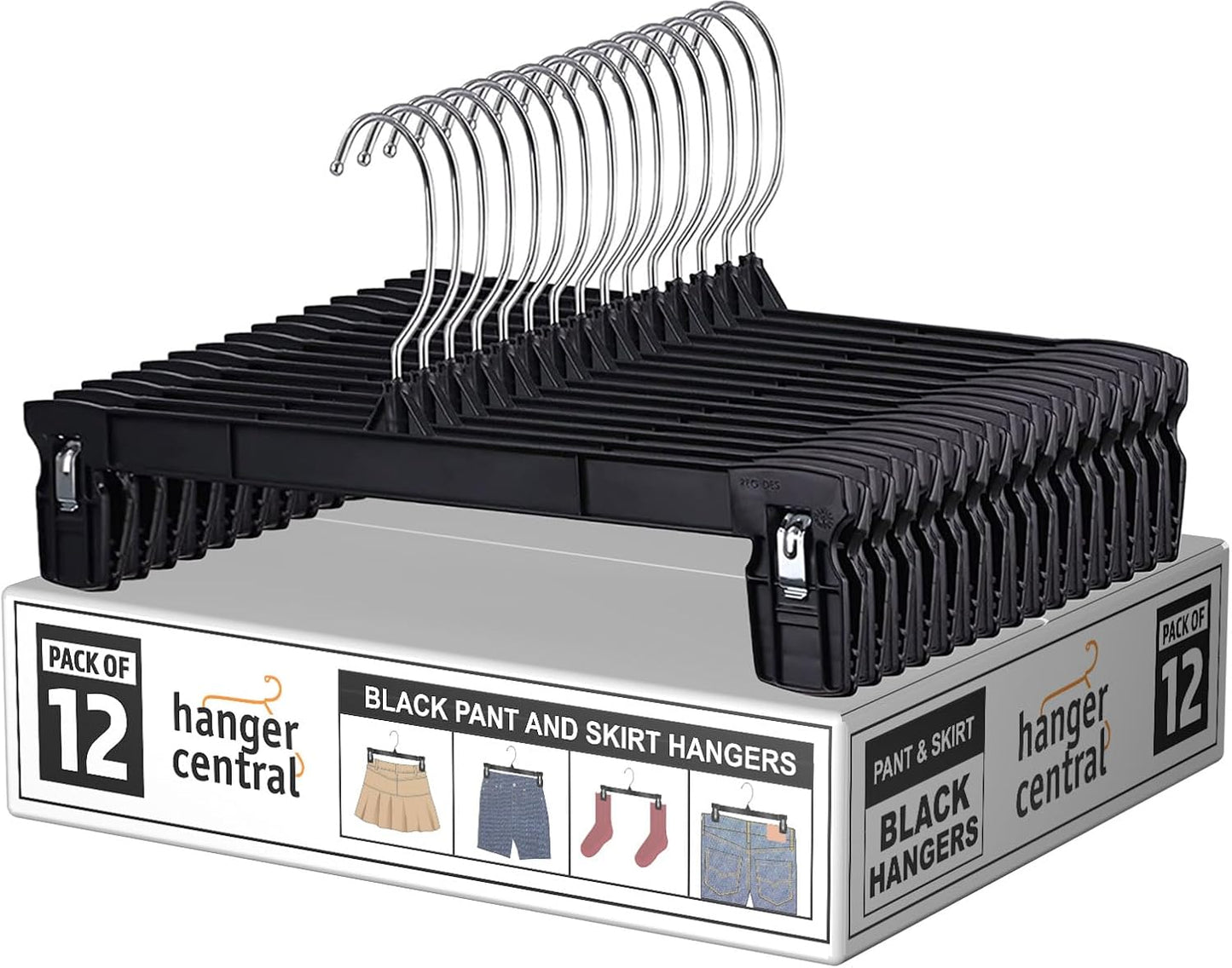 12 Inch 12 Pack Pants Hangers, Slim Plastic Clothes Hangers with Clips for Skirts, Pants, Shorts, Space Saving Heavy Duty Closet Organizer with Non Slip Grip & Swivel Hook – Black