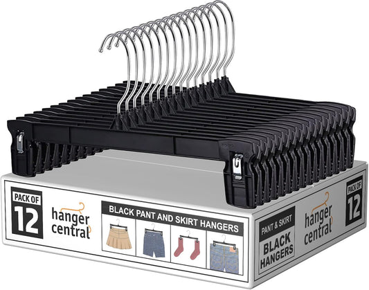 12 Inch 12 Pack Pants Hangers, Slim Plastic Clothes Hangers with Clips for Skirts, Pants, Shorts, Space Saving Heavy Duty Closet Organizer with Non Slip Grip & Swivel Hook – Black