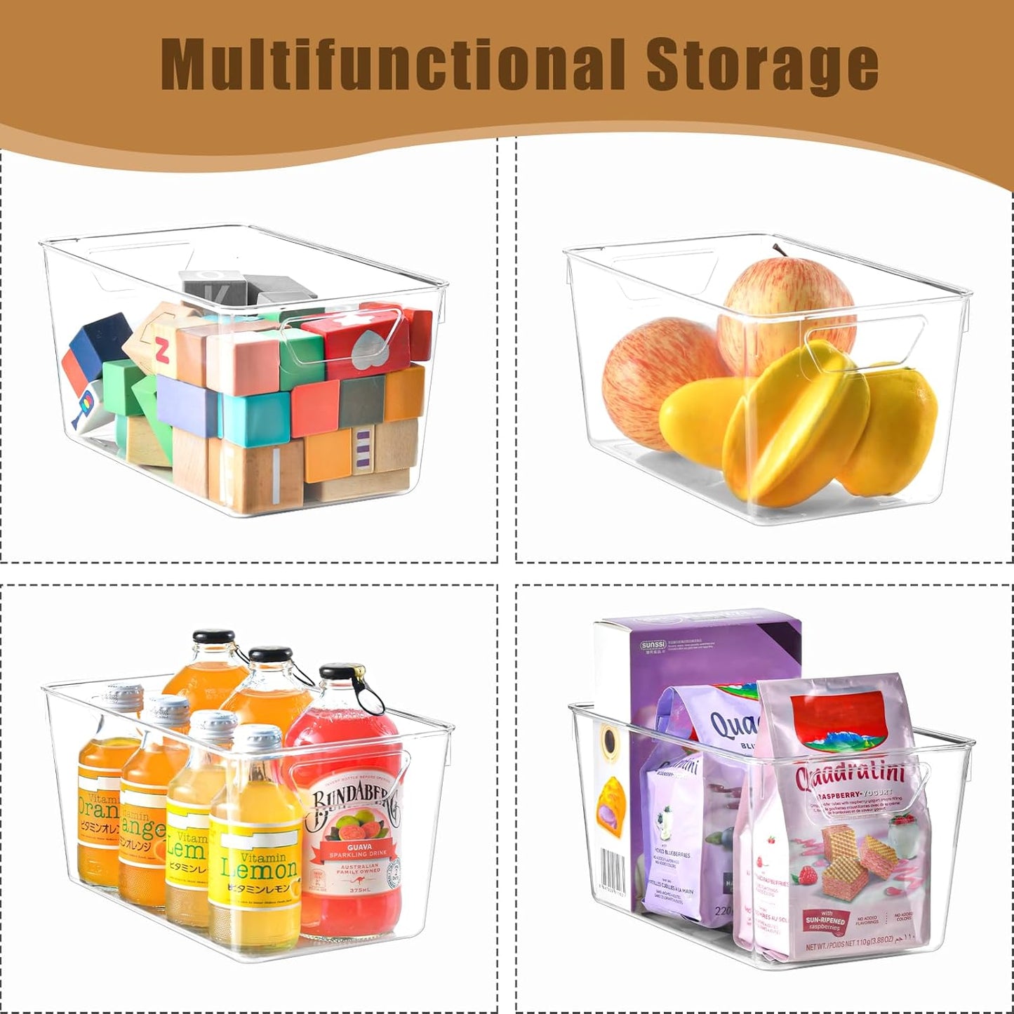 Freebat 12 Pack Middle Organizers and Storage, Pantry Organization and Storage Bins, Cabinet Organizer, Clear Plastic Storage Containers with Handle，Acrylic Storage Bins for Cabinet, Fridge