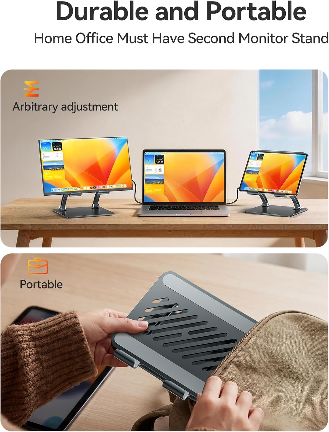 tounee Tablet Holder Stand, Dual Rod Adjustable Aluminum Desktop Stand, Compatible with 4.7-16.9" iPads, Surface Tablets, Portable Monitors, Kindle & More (Gray)