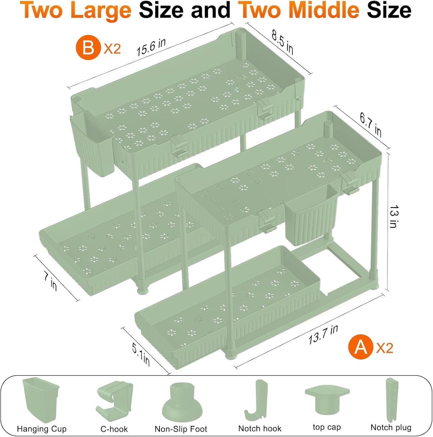 Sevenblue Under Sink Organizer, Bathroom Organizers and Storage, 2 Tier Multi-Use Pull Out Cabinet Organizer with Hang Hooks and Cups (Green, 4 Pack)
