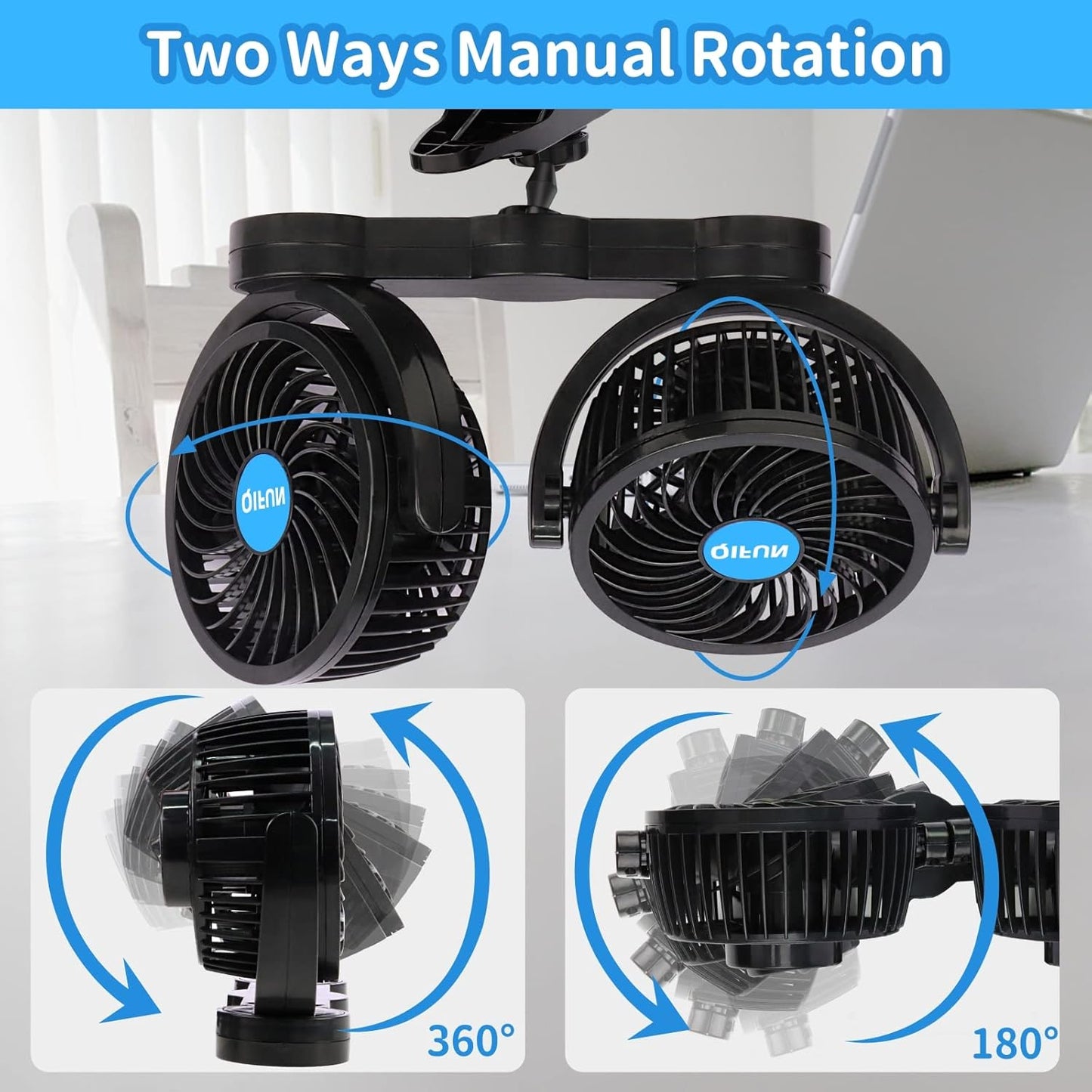 QIFUN Car Fan Adjustable Dual Head 12V 360° Rotatable 4 Inches Car Clip Fan for Front/Rear Seat Passenger Car Essentials Cooler with Stepless Speed Regulation for Vehicle SUV, RV