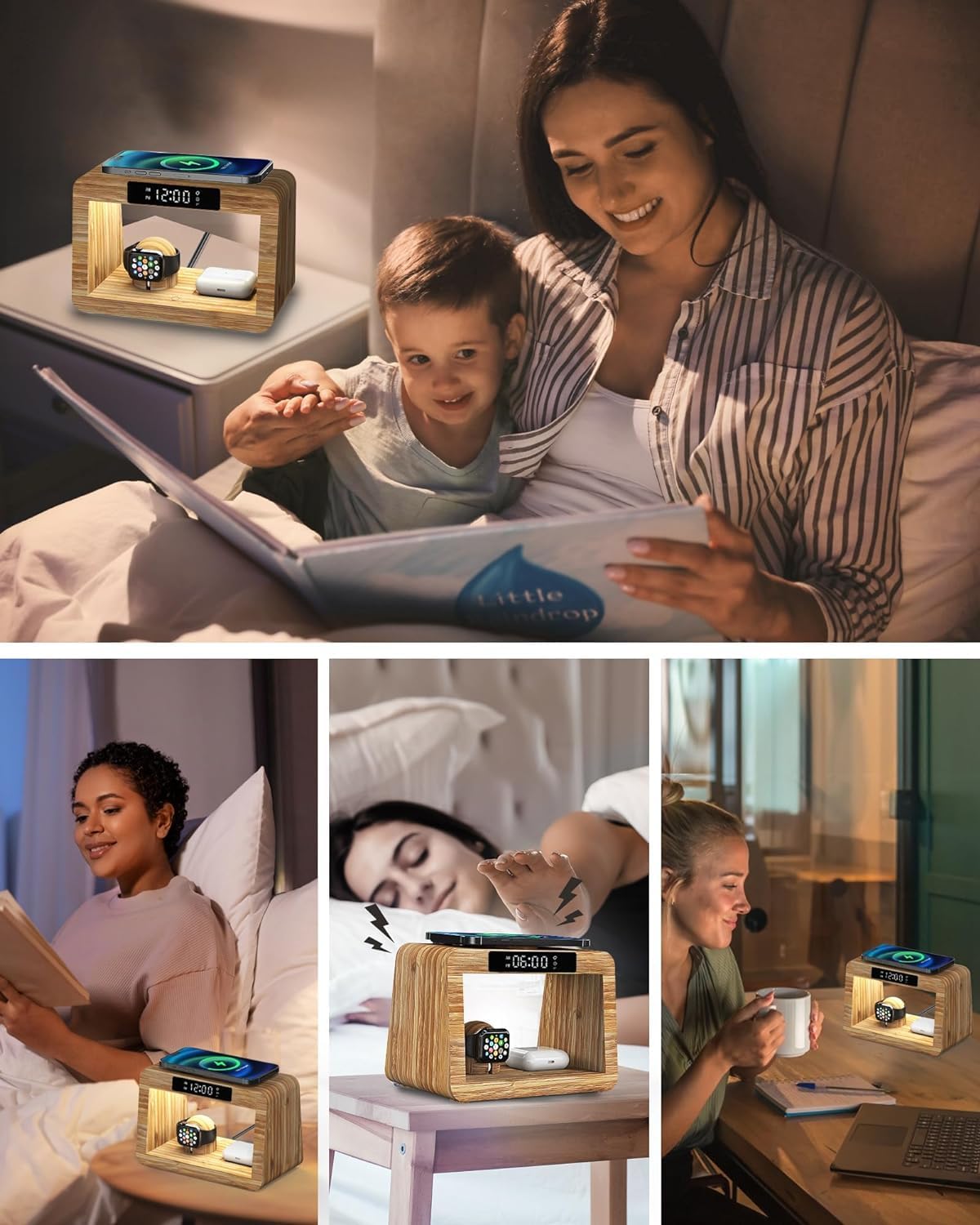 Bamboo Wireless Charging Station with Alarm Clock & Night Light, 3 in 1 Charging Station for iPhone 17/16/15/14/13/12/11 Pro Max/X/Xs, AirPods 4/3 & AirPods Pro 3/2/1/, Apple Watch Series