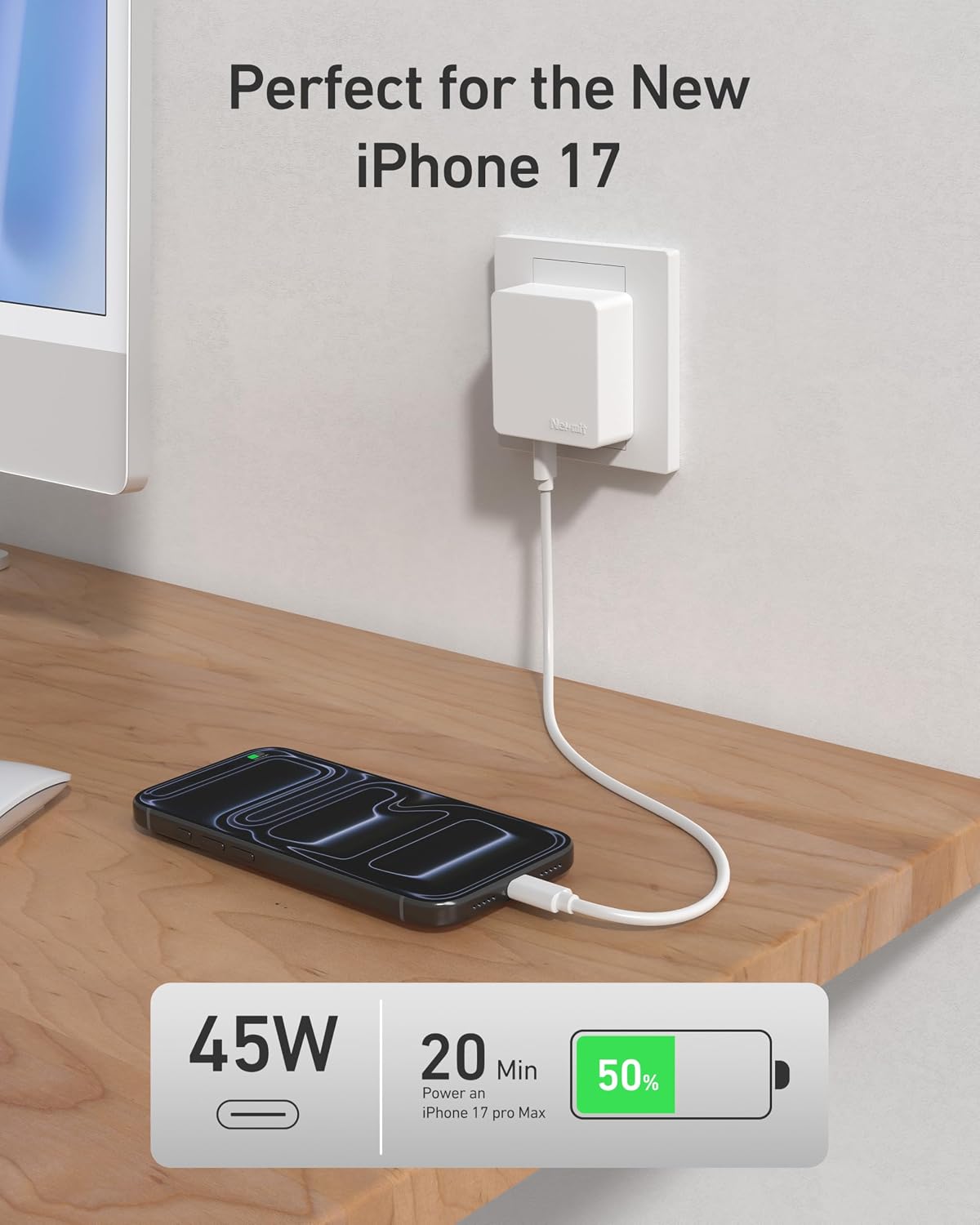 Nekmit Flat USB C Wall Charger, 45W Dual Port PPS Fast USB Charger Block(1*USB-C & 1*USB-A), Slim USB C Wall Plug for iPhone 17/16 and More Series, MacBook Air, iPad