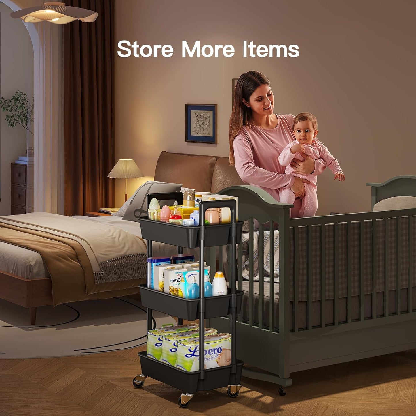 Pipishell 3 Tier Rolling Cart Organizer, Plastic Rolling Cart with Lockable Wheels & Reinforced Handle, Lightweight Utility Storage Cart for Nursery, Kitchen, Craft Room, Black