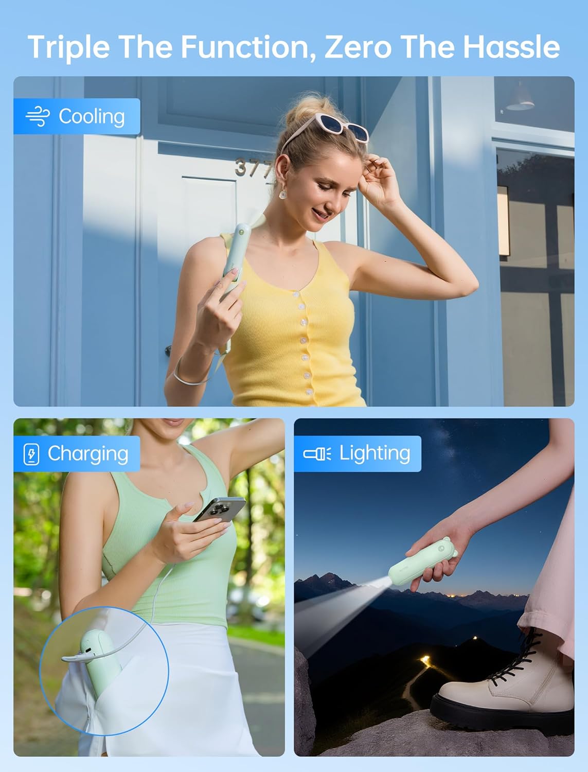 JISULIFE 3 IN 1 Handheld Mini Fan - Portable Fan & Power Bank & Flashlight, 19H Max Cooling, USB Rechargeable, Pocket-Sized for Travel, Cruise, Concerts, Makeup, 2026 Summer Gifts for Women(Green)