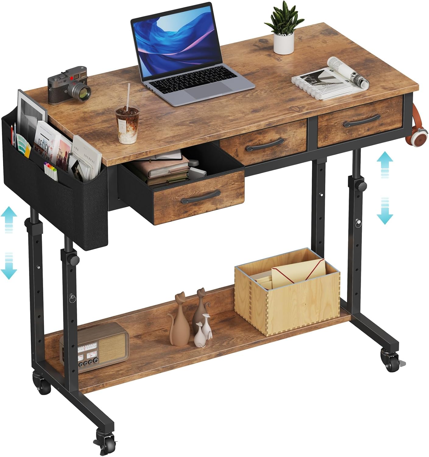 WINAZ Rolling Standing Desk Adjustable Height with Drawers on Wheels, 40 Inch Portable Mobile Stand Up Computer Desks for Bedroom Home Office, Couch Sofa Side Laptop Table with Storage, Rustic Brown
