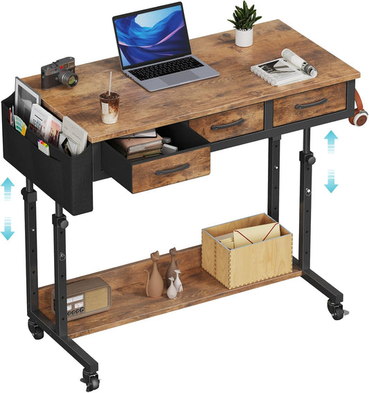 WINAZ Rolling Standing Desk Adjustable Height with Drawers on Wheels, 40 Inch Portable Mobile Stand Up Computer Desks for Bedroom Home Office, Couch Sofa Side Laptop Table with Storage, Rustic Brown
