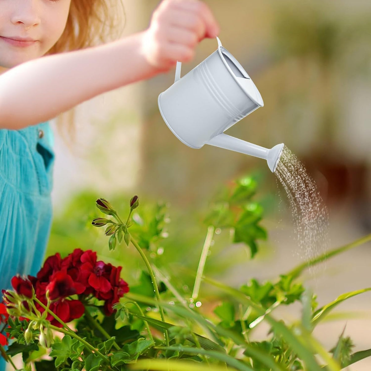 Small Metal Watering Can Set, Pink, 1.2L and 0.23L Garden Cans with Long Spout, Indoor Outdoor Plant Care (White)