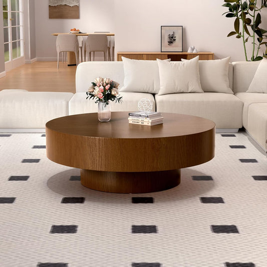 Modern Drum Round Coffee Table Wood for Living Room (D39.37IN) | Mid Century Aesthetic Low Coffee Tables with Wood Pattern Decal and Sturdy Pedestal, for Apartment Small Space