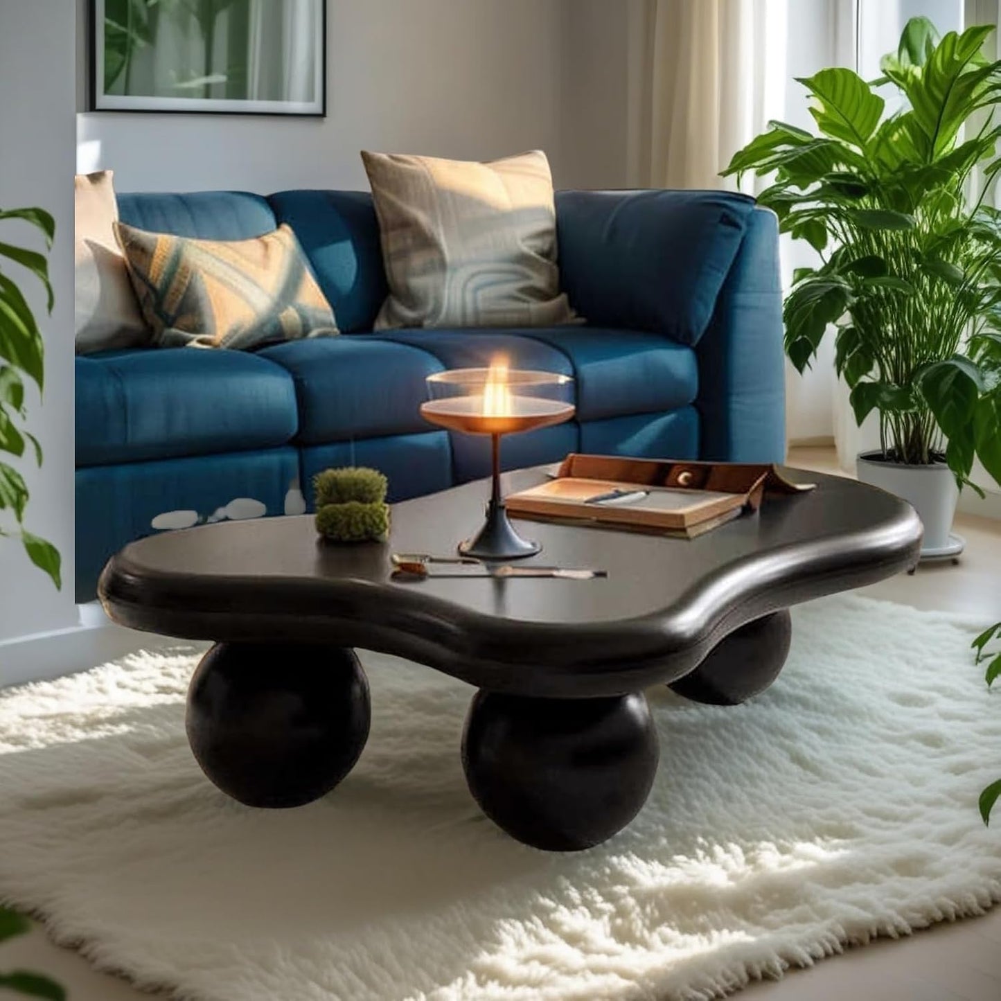 Mid Century Modern Cloud Coffee Table (F47.24in) | Irregular Cute Wooden, Industrial Center Table, Sturdy Legs, For Apartment Living Room