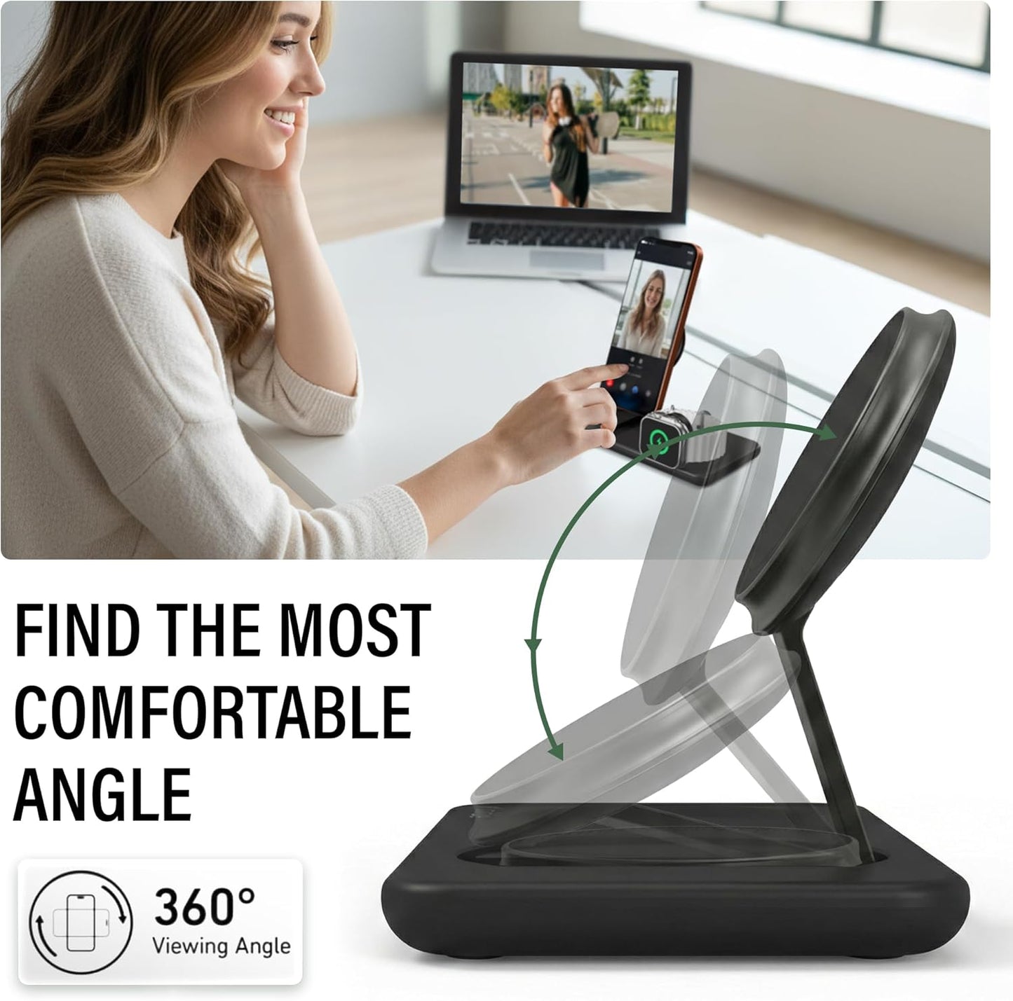 Nimble Podium 3-in-1 Wireless Charging Station for Apple, Qi2-Certified | 15W Magsafe Charger Stand with Adapter, USB-C Cable, Wireless Charger for iPhone 17/16/15/14/13, Apple Watch, Airpod Series