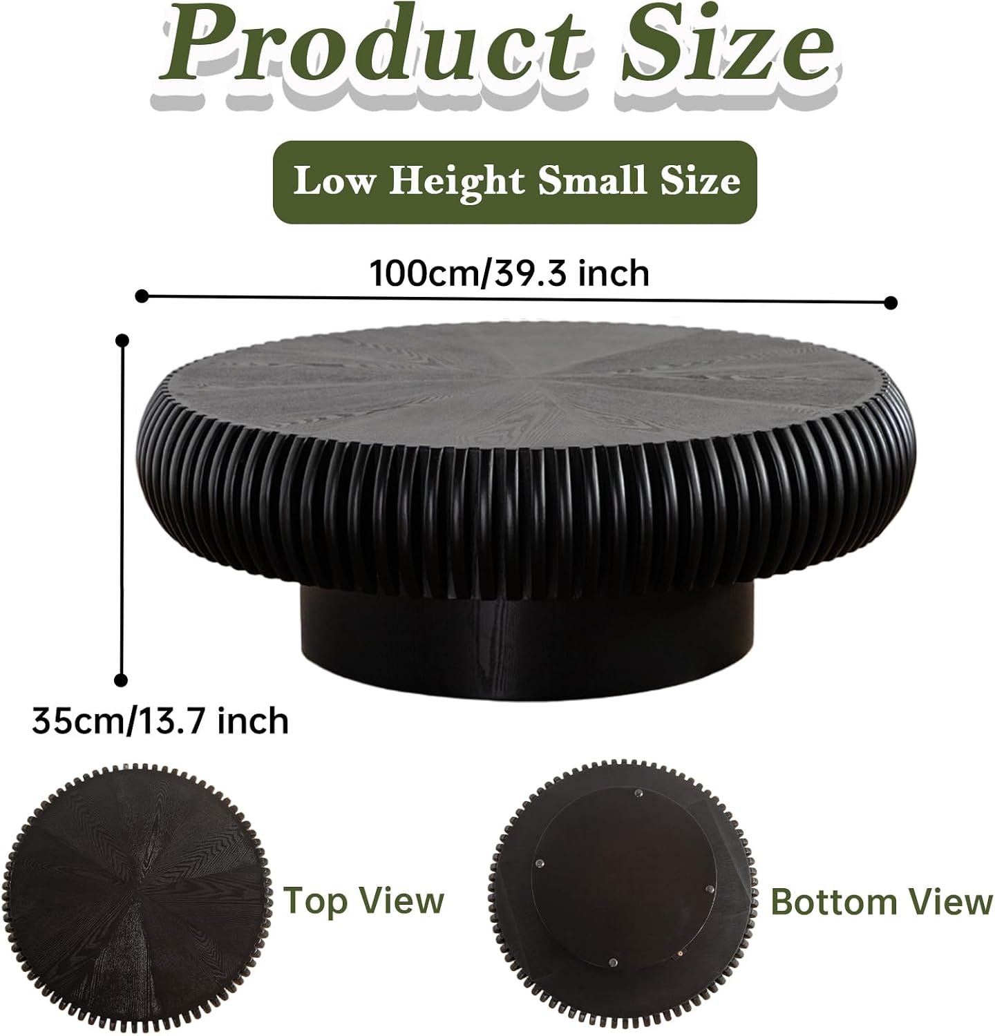 39 inch Black Round Fluted Wood Drum Coffee Table (K, 1PC) | Wood Veneer Tabletop & Base, Non-Slip Base Pads, For Living Room, Mid Century Modern Style, For Small Spaces, Easy Assembly