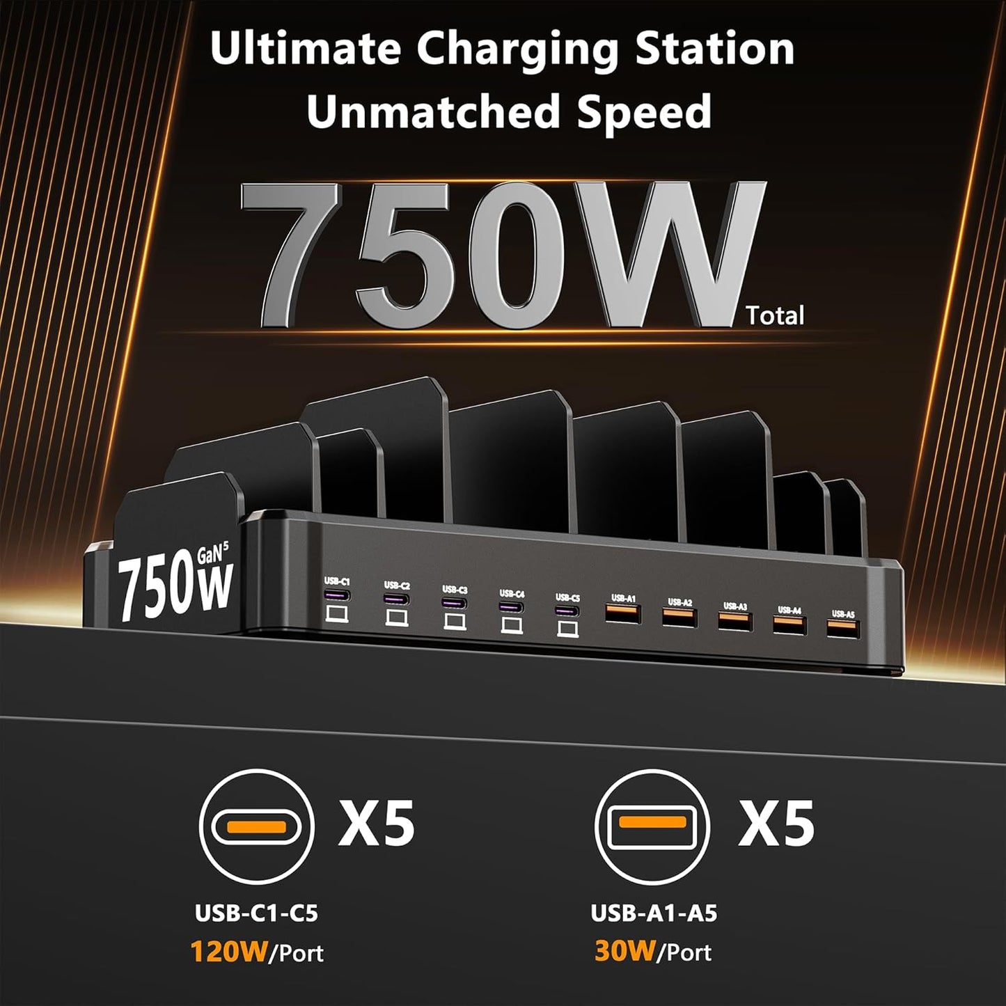 750W Charging Station for Multiple Devices, Zobirez 10-Port Fast Charger, 5 USB-C 120W Each and 5 USB-A 30W Each, Desktop Charging Hub for Laptop Phone Tablet, Black