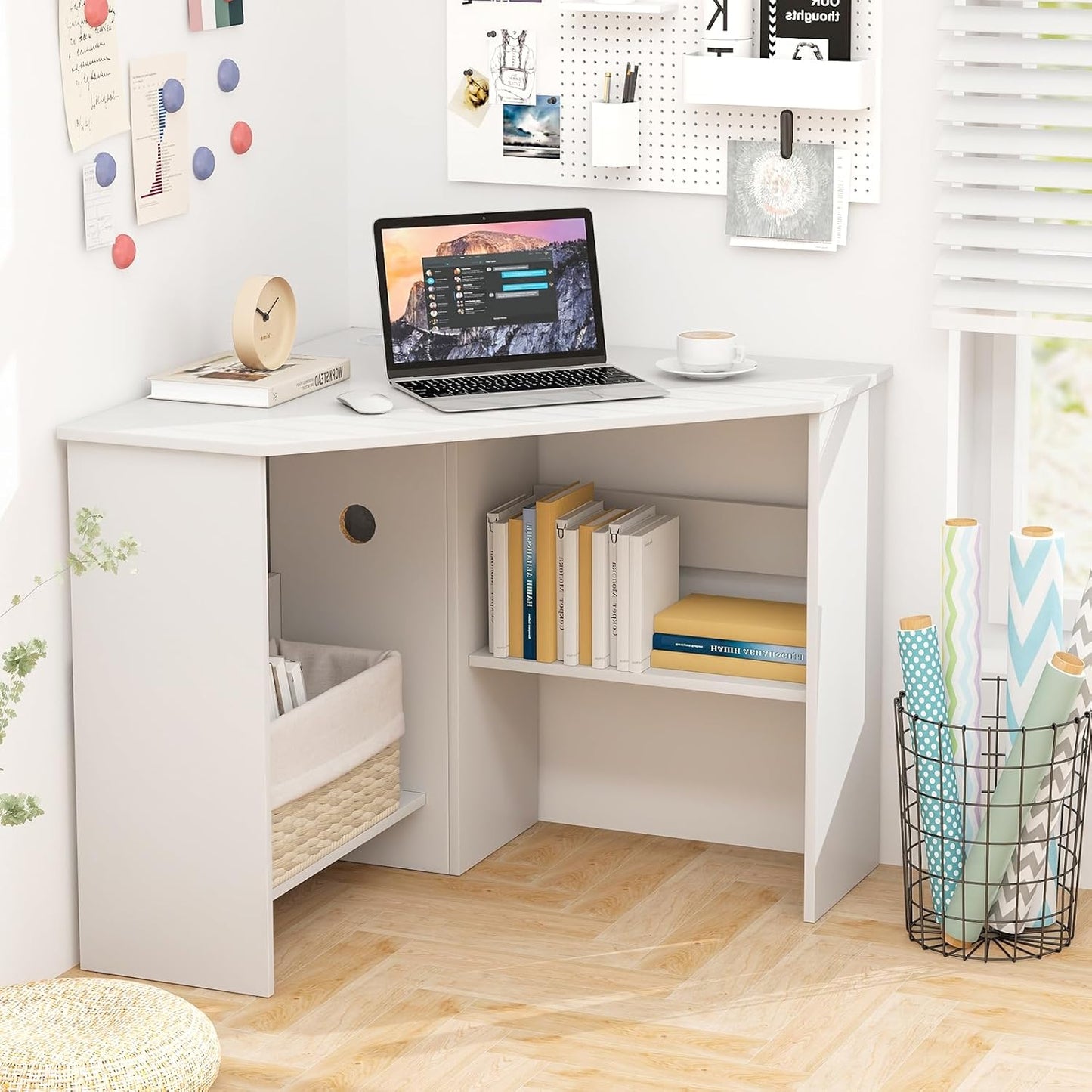 Tangkula White Corner Desk - 90 Degrees Triangle for Computer, Small Space, Bedroom, Makeup Vanity Desk with Storage Shelves & CPU Stand, Space Saving Writing Desk