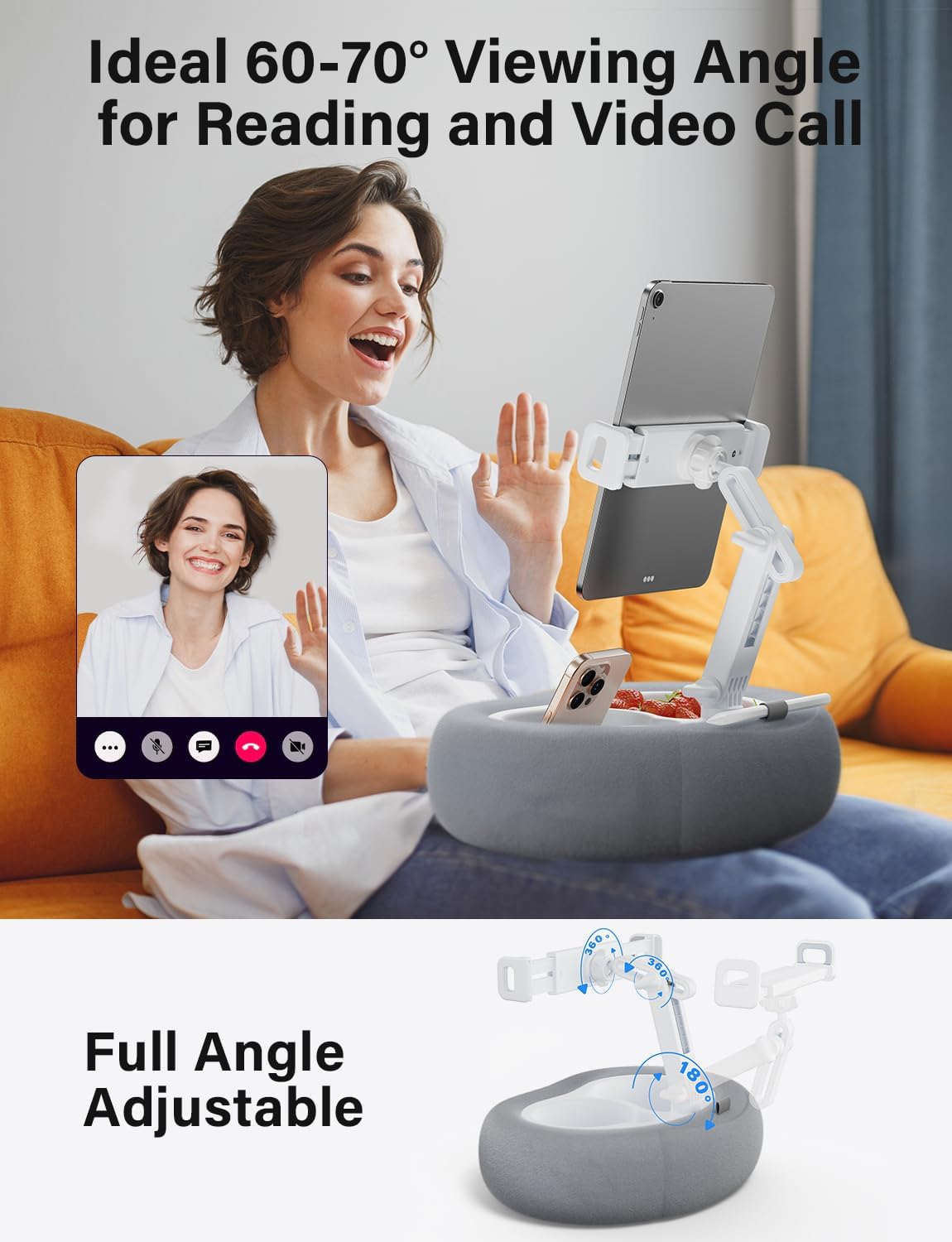 TAZENI Tablet Kindle Pillow Stand Holder with 2 Trays Fit 4''-13'' Phone/Tablet/Kindle iPad Holder Stand for Bed with Soft Plus Fabric Reading Accessories Gift for Reading, Gray