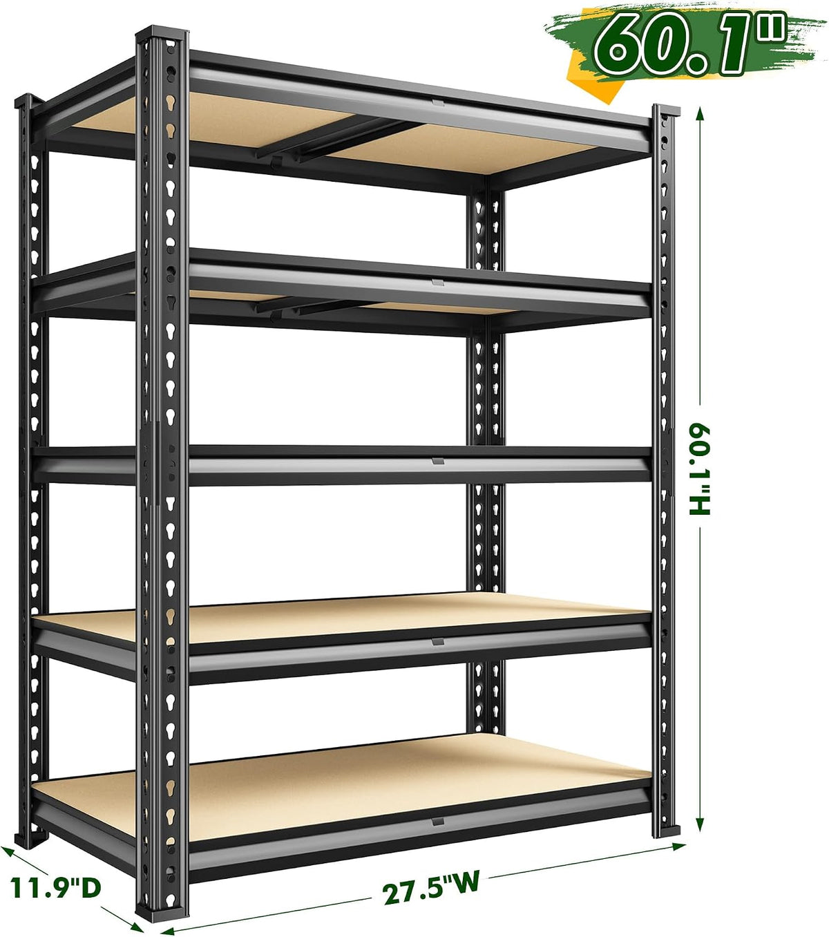 60.1" H Garage Storage Shelves 1990LBS Storage Shelves, 5 Tier Adjustable Metal Shelving, Garage Shelving for Storage, Basement, Warehouse, Pantry, Kitchen, 27.5" W x 11.9" D x 60.1" H, Black, 2 Pack