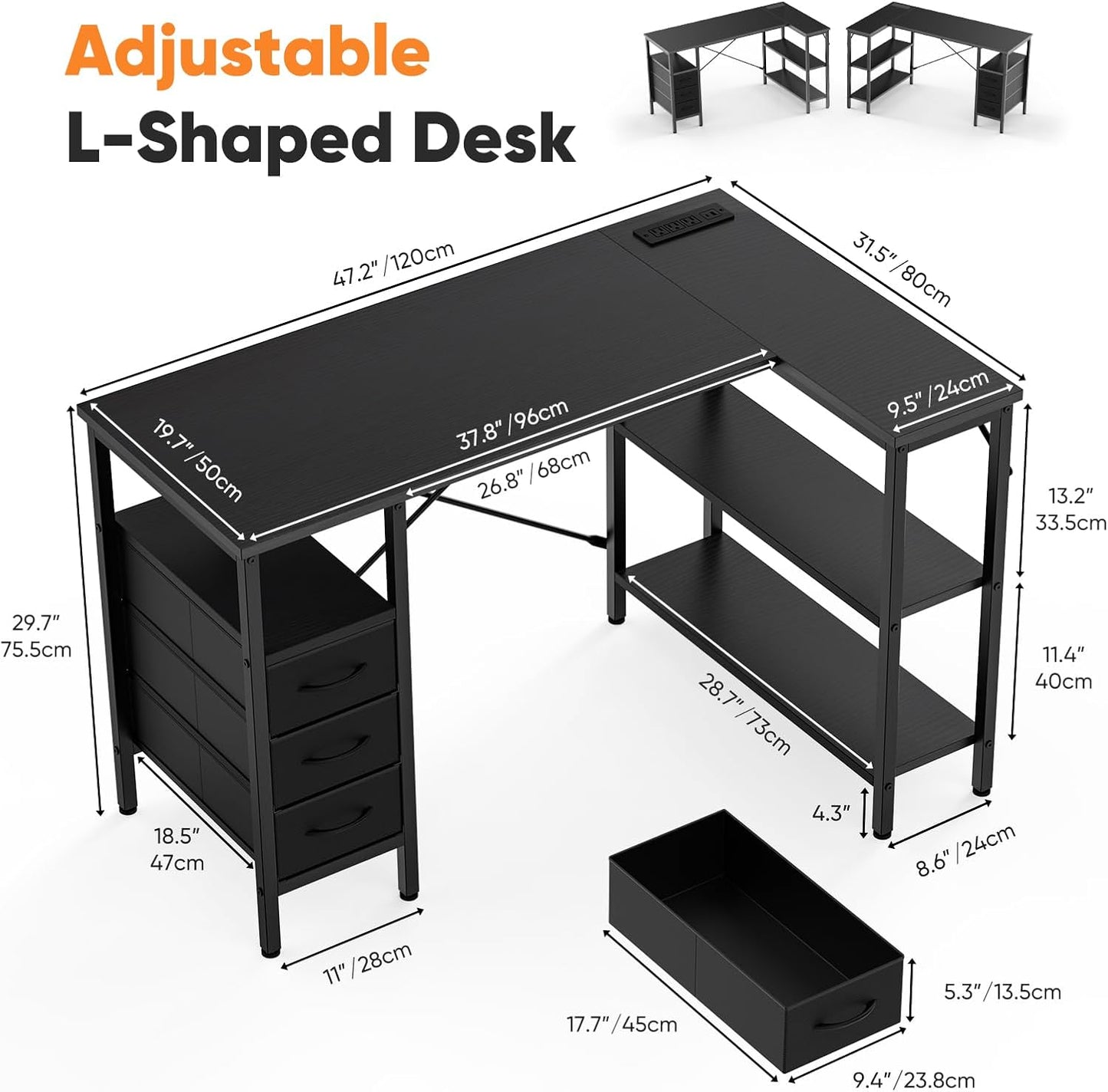 DUMOS L Shaped Desk with Shelf Drawers 47 Inch, Black Corner Computer Desks Gaming with Power Outlet, Study Table with Adjustable Shelves, Home Office Tables for Bedroom Teacher Reading Writing