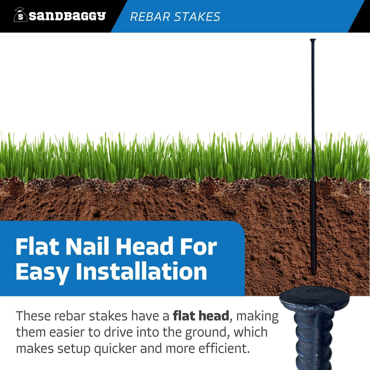 Sandbaggy 48" Steel Rebar Stakes with Nail Head - Garden Stakes (#4 Rebar - 1/2" Diameter) - l-Shape - Ground Stake, Pins, Landscaping Spikes, Construction (10, Count)