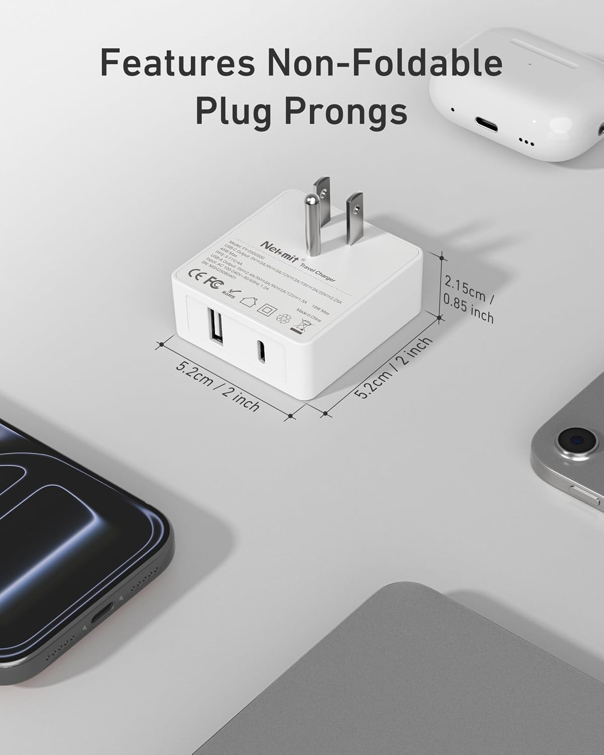 Nekmit Flat USB C Wall Charger, 45W Dual Port PPS Fast USB Charger Block(1*USB-C & 1*USB-A), Slim USB C Wall Plug for iPhone 17/16 and More Series, MacBook Air, iPad