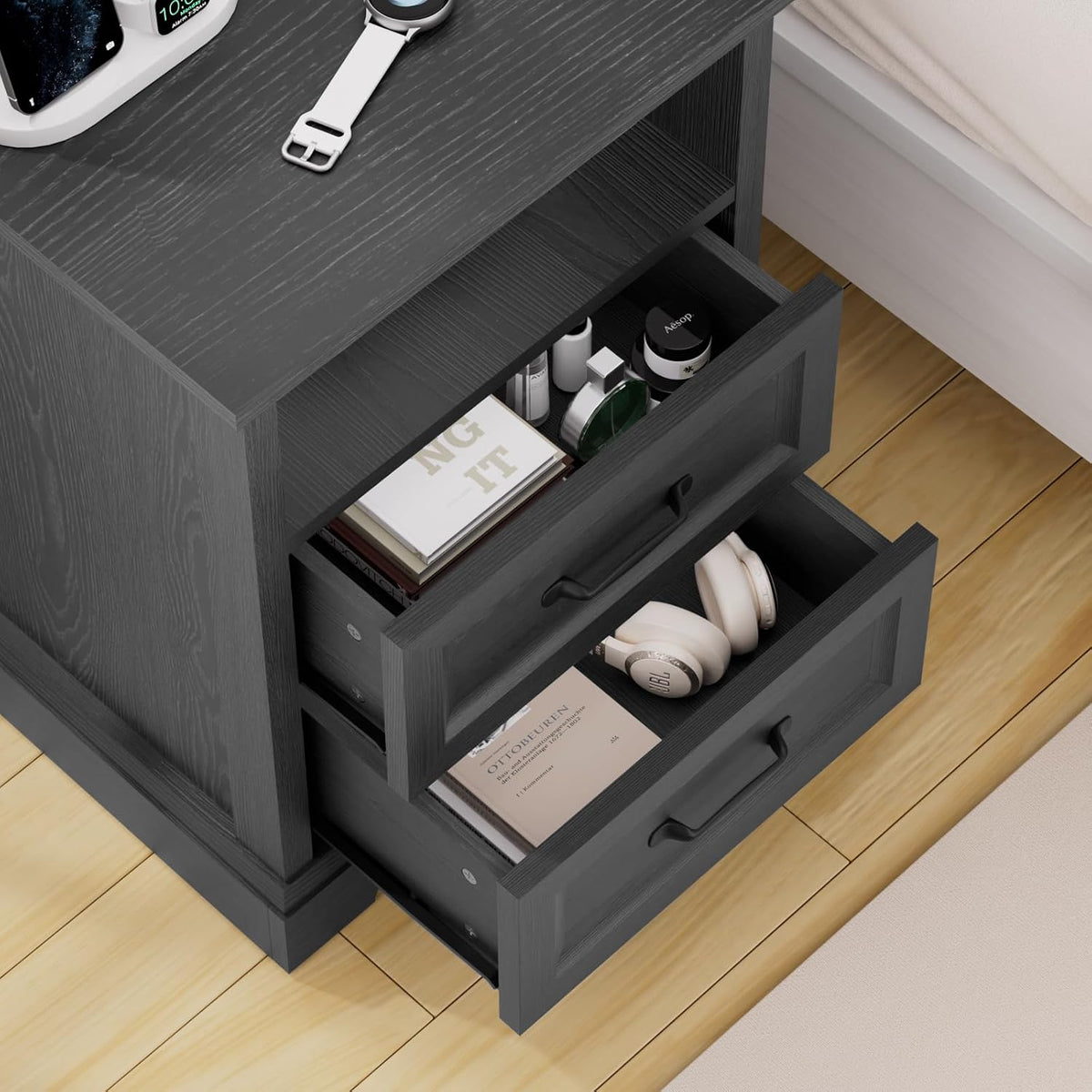HOMMPA Farmhouse Nightstand w/Charging Station, Open Shelf 23.6''H Black