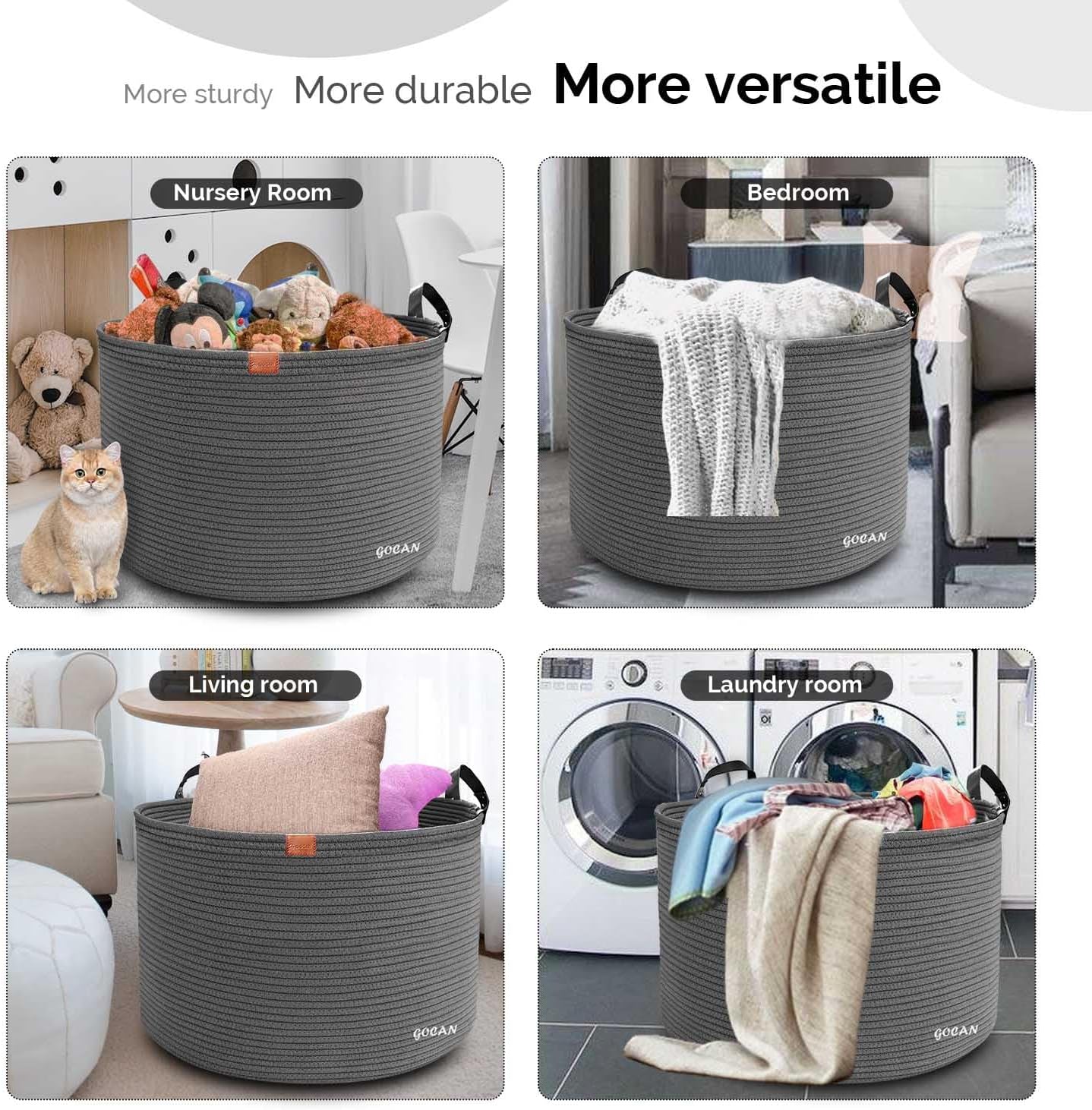 Cotton Rope Woven Laundry Basket 22"X 22"X 14" with handles(Dull grey) XXXL | Hand-woven, ideal for storing blankets and cushions in the living room, and clothes for household storage.