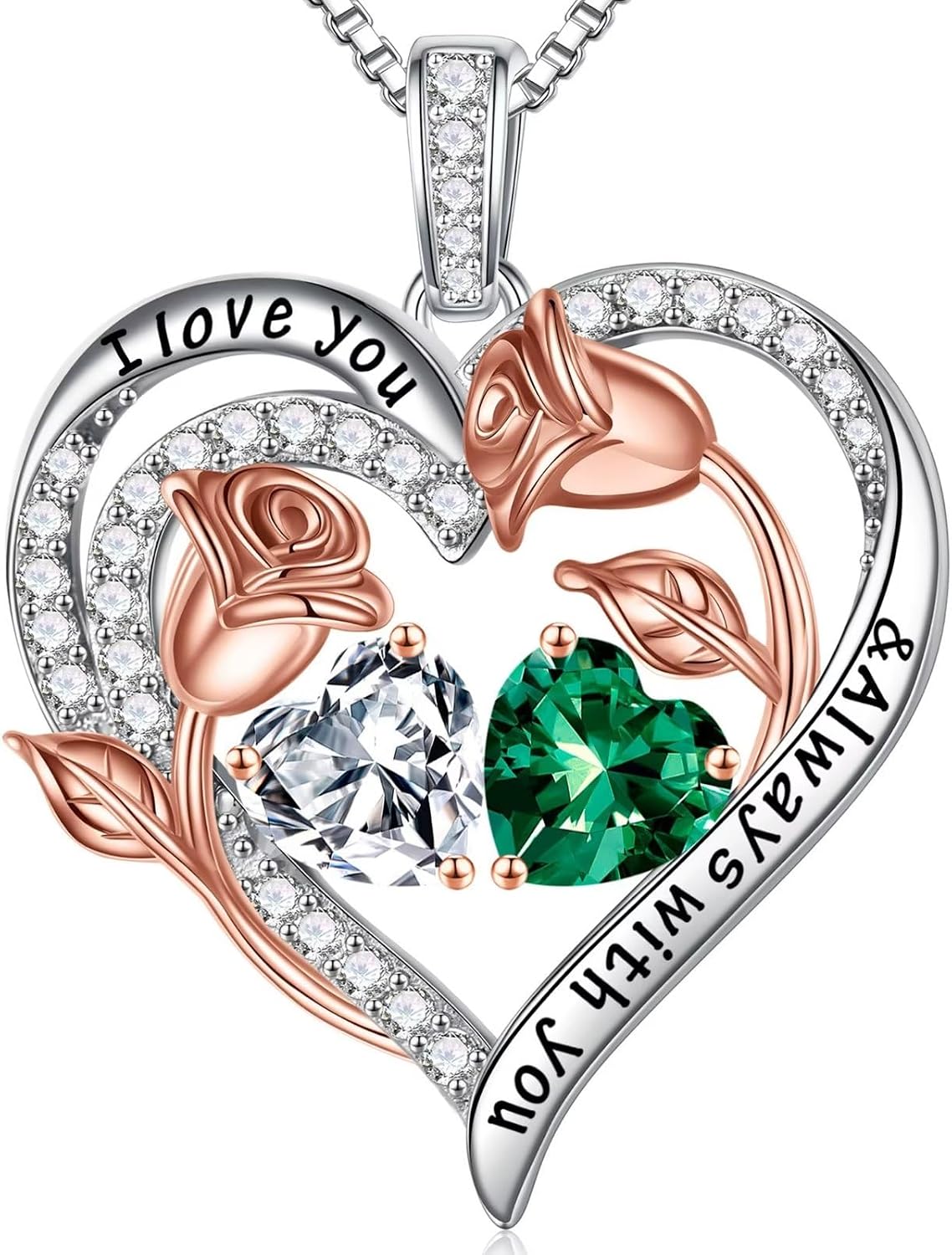 Iefil Birthstone Necklace for Women - Rose Heart Necklace