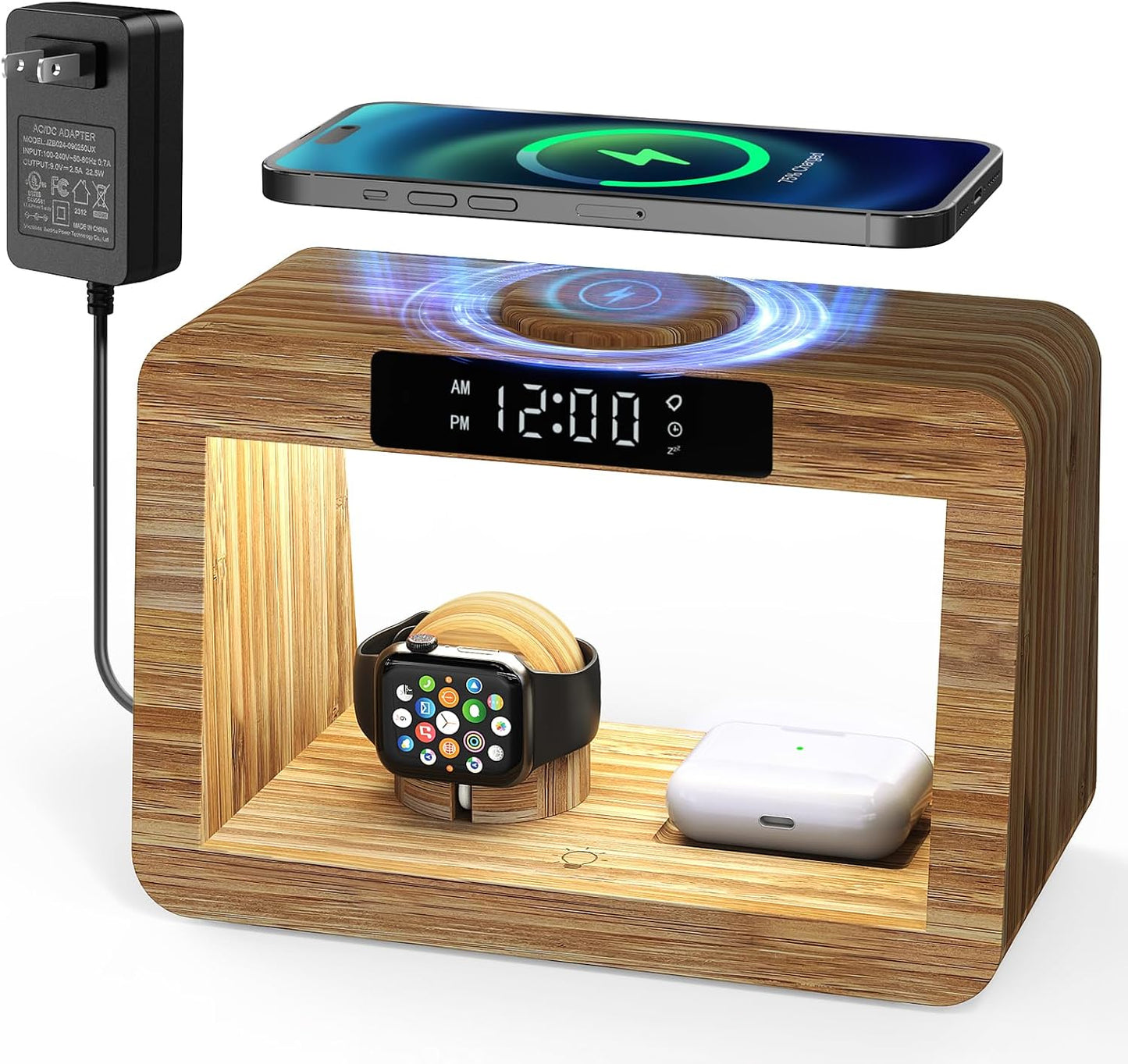 Bamboo Wireless Charging Station with Alarm Clock & Night Light, 3 in 1 Charging Station for iPhone 17/16/15/14/13/12/11 Pro Max/X/Xs, AirPods 4/3 & AirPods Pro 3/2/1/, Apple Watch Series