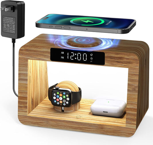 Bamboo Wireless Charging Station with Alarm Clock & Night Light, 3 in 1 Charging Station for iPhone 17/16/15/14/13/12/11 Pro Max/X/Xs, AirPods 4/3 & AirPods Pro 3/2/1/, Apple Watch Series